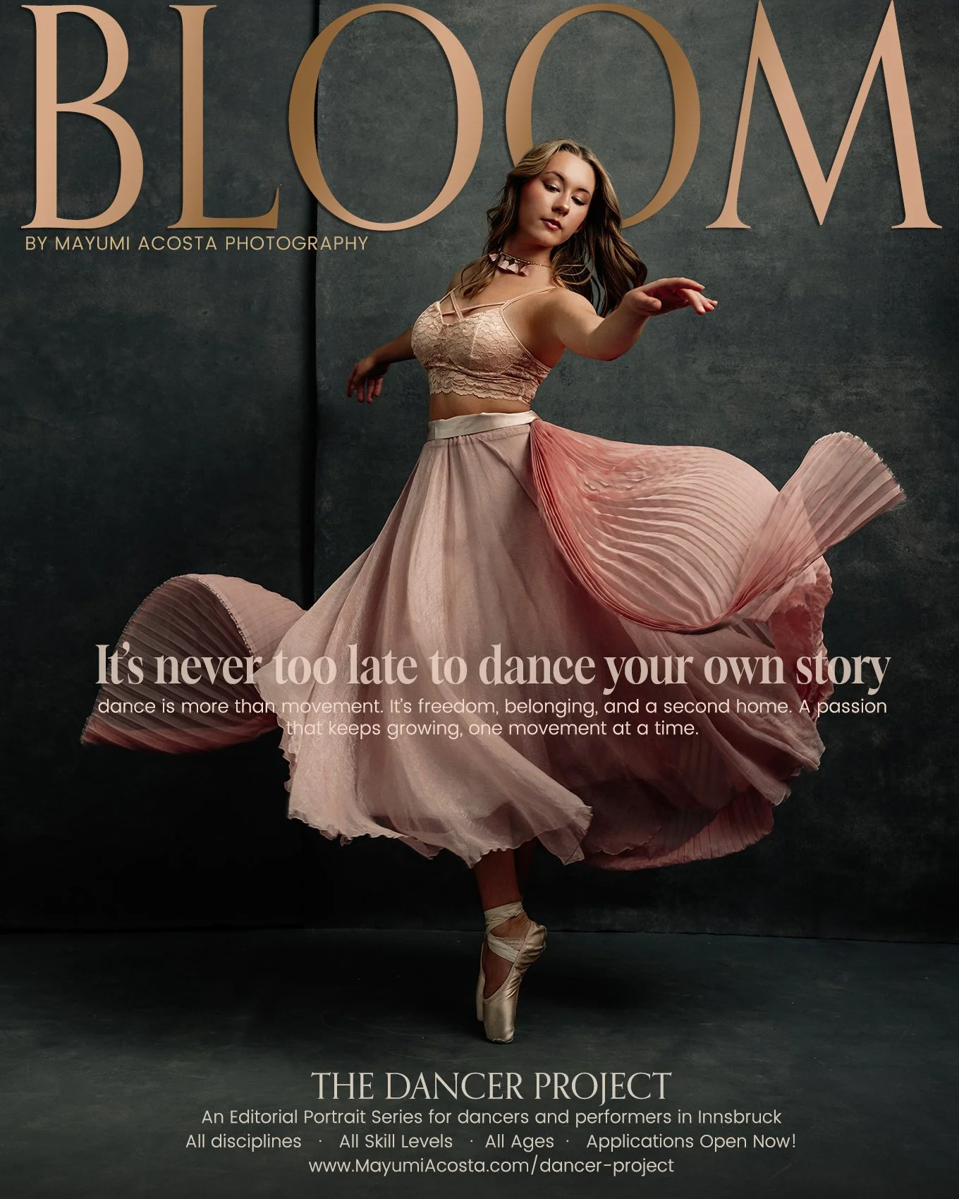 Dynamisches Dance Portrait einer Balletttänzerin in Bewegung, mit Editorial-Licht fotografiert von Mayumi Acosta in Innsbruck, Tirol.
