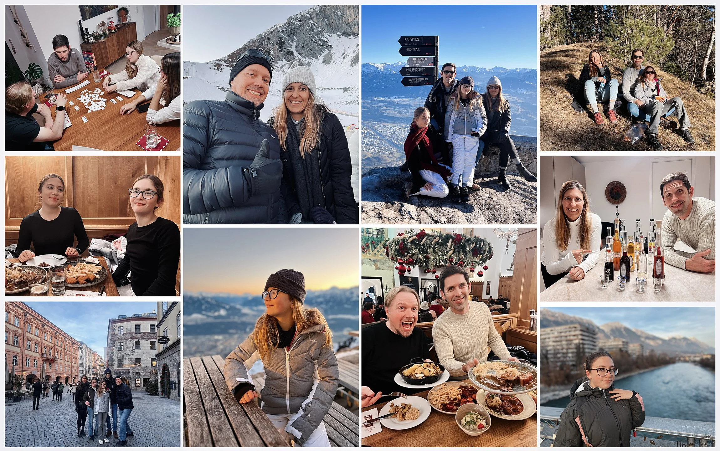 Collage of a family enjoying Innsbruck — hiking in the Alps, walking the Altstadt, eating Tyrolean food, and exploring the city in the snow