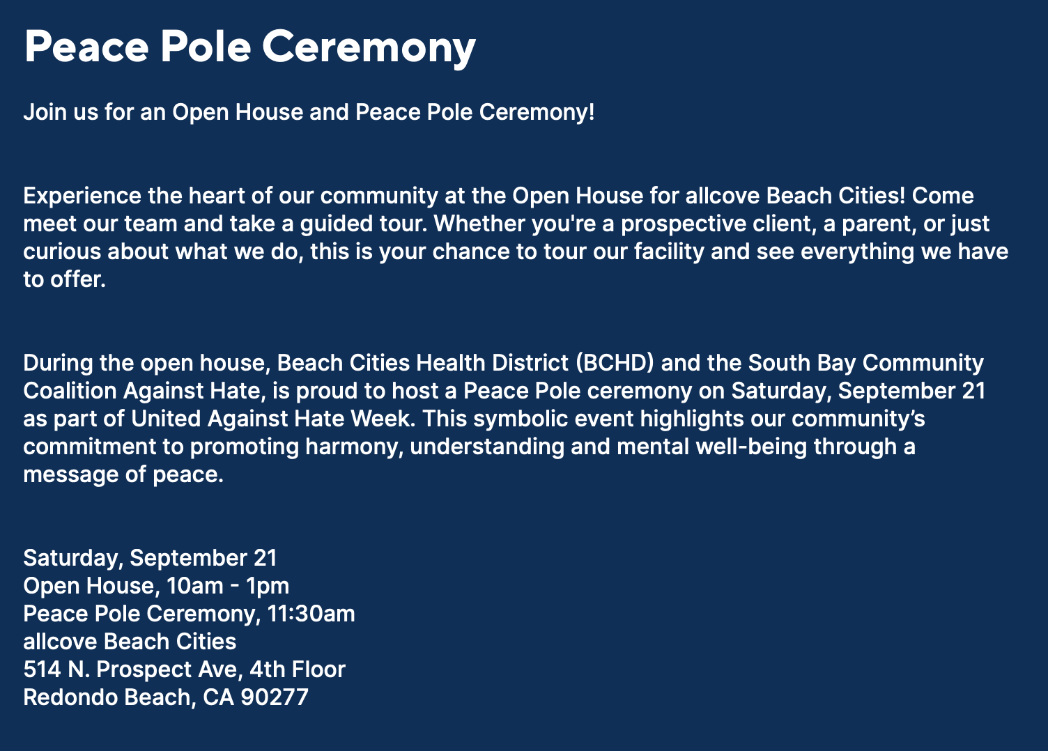 Beach Cities Health District Peace Pole Ceremony Invitation