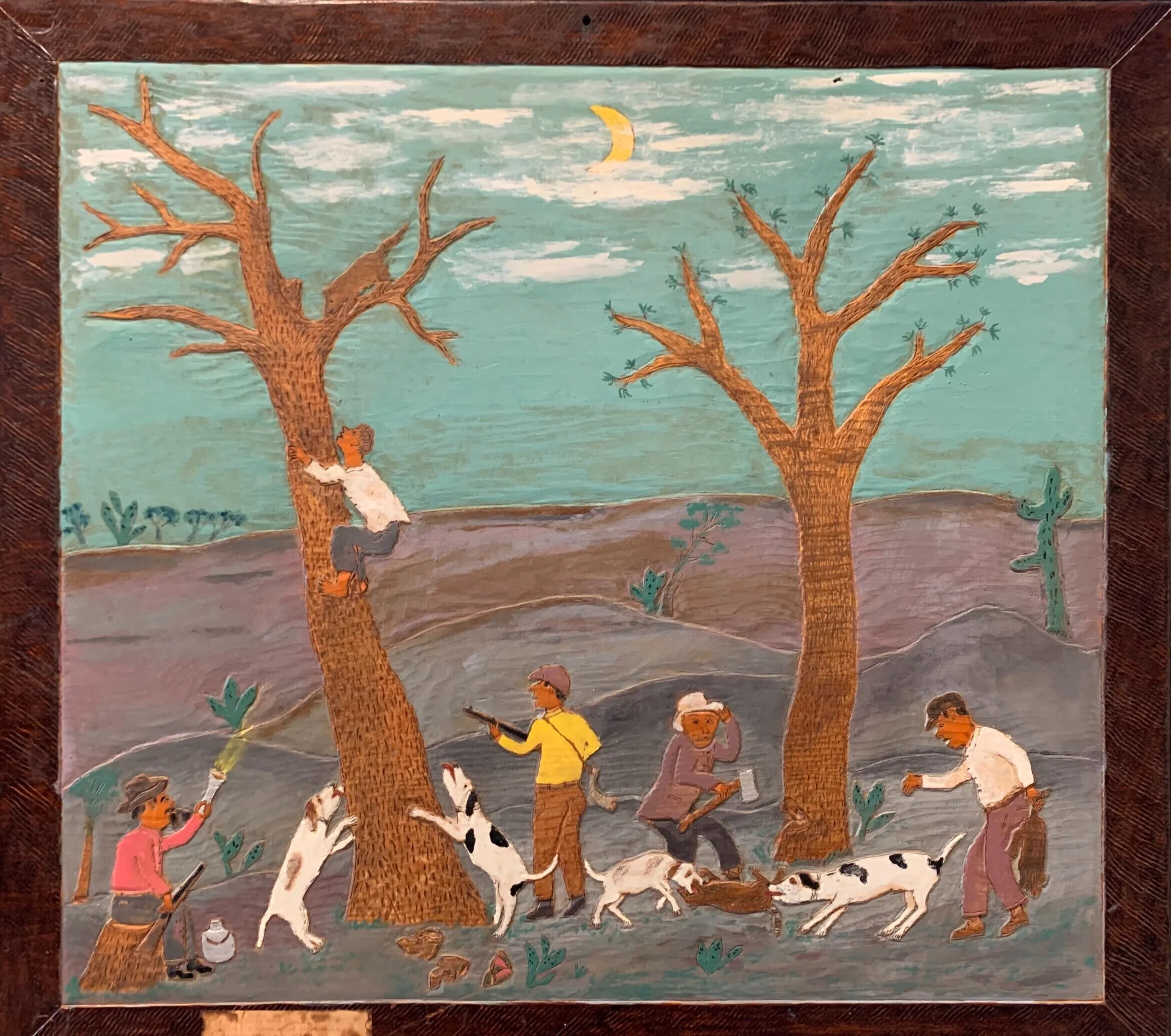 "Uncle John and the coon hunt" - 1967 - 24.5x27 - bas-relief carving and paint