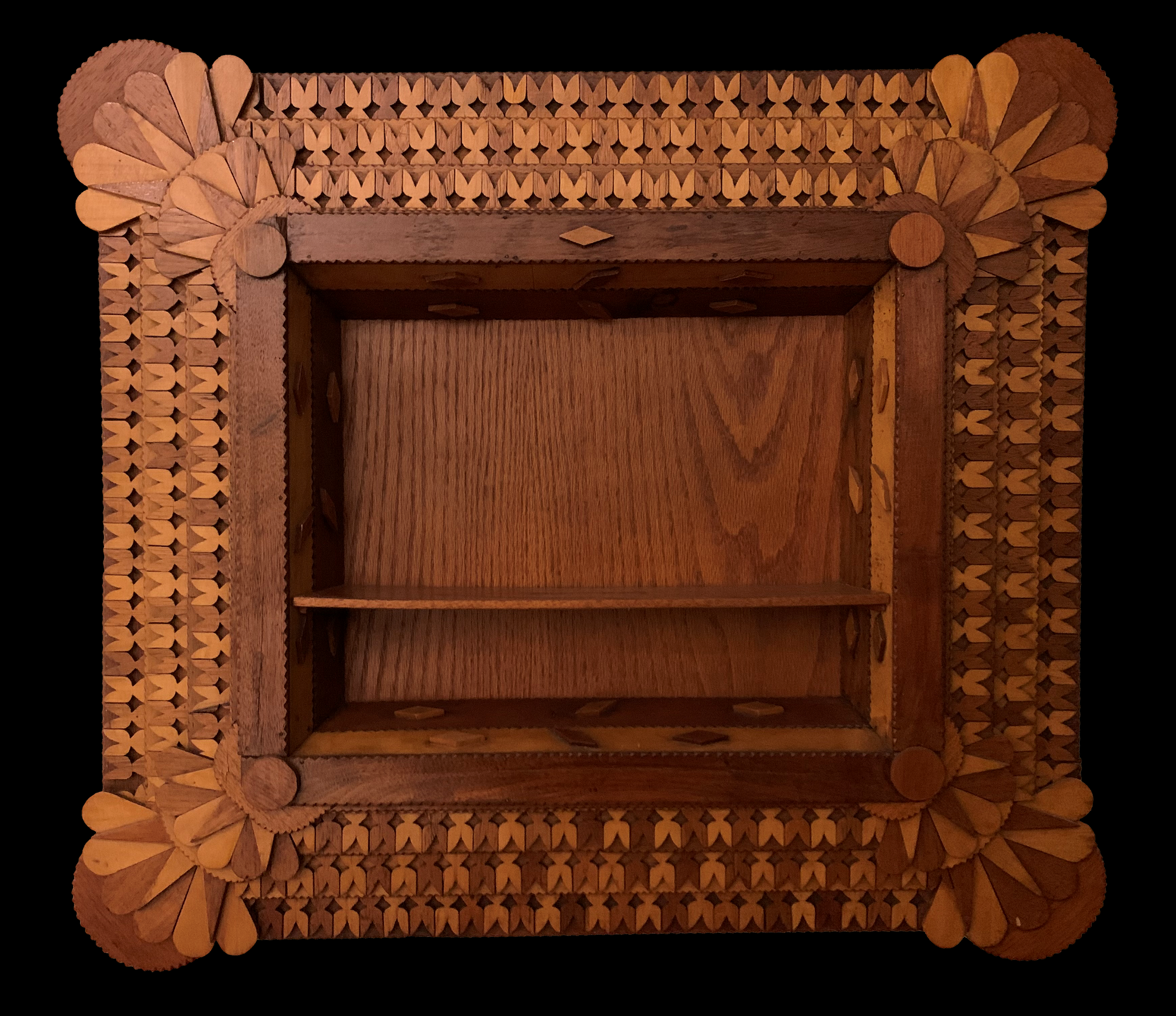 Tramp art display frame (two tone) with shelf - 23x26 - chipped, carved wood