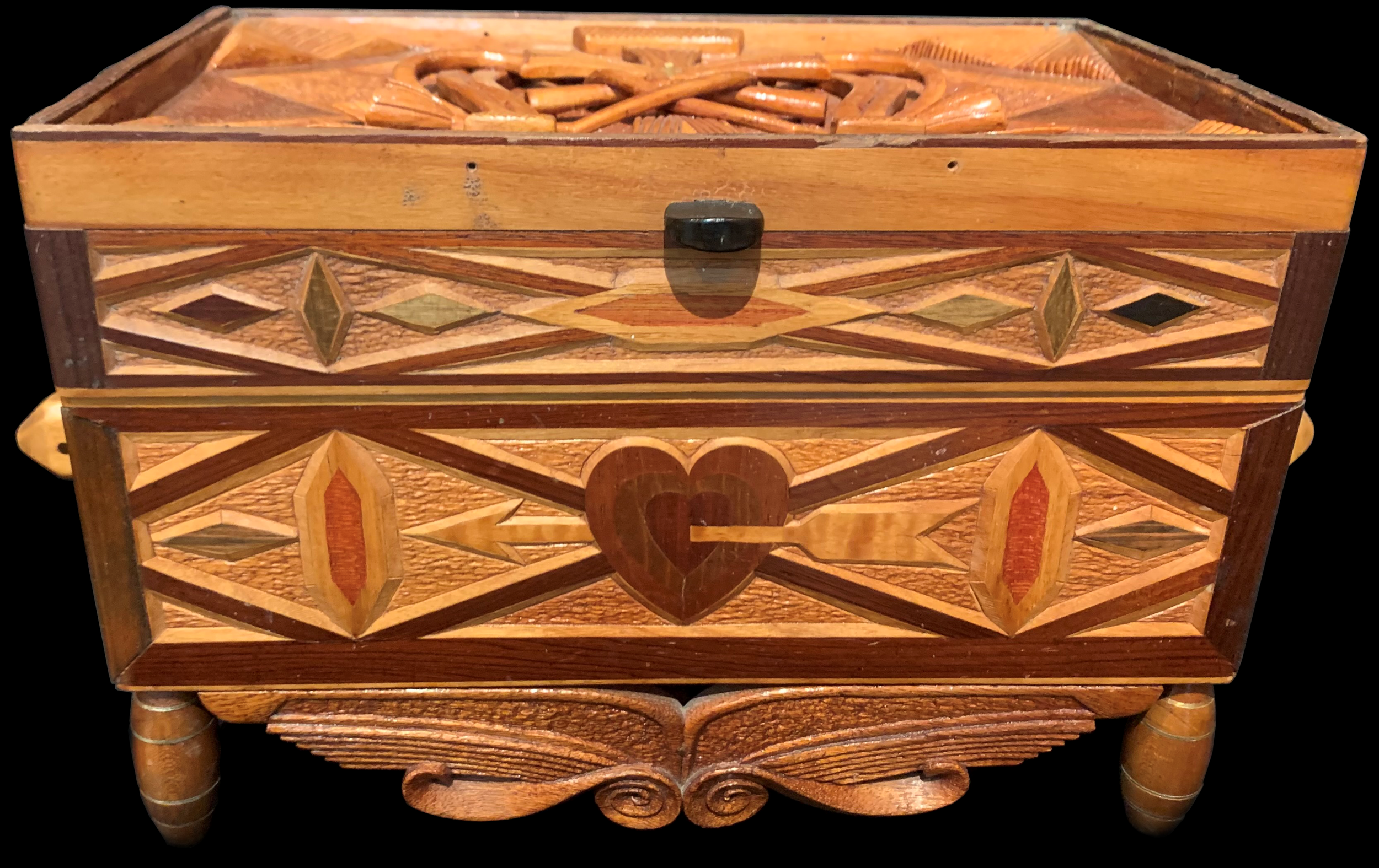 Front view of Tramp art box with cross and shaking hands (religious) - 1930's - 13x7.5x8 - jewelry style box carved wood