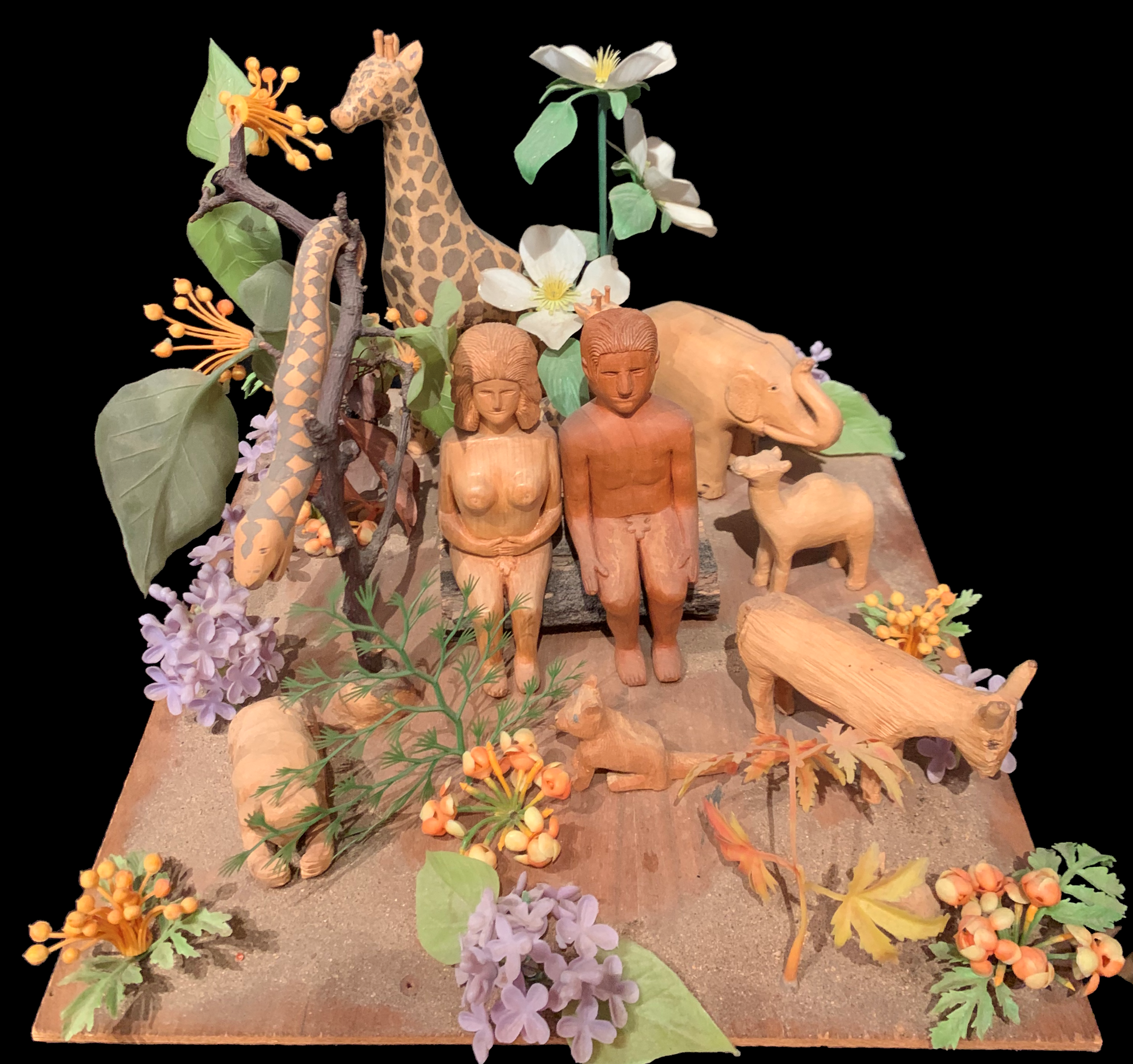 Garden of Eden - 1975 - 9x13x15 - plywood, driftwood, plastic flowers, and paint