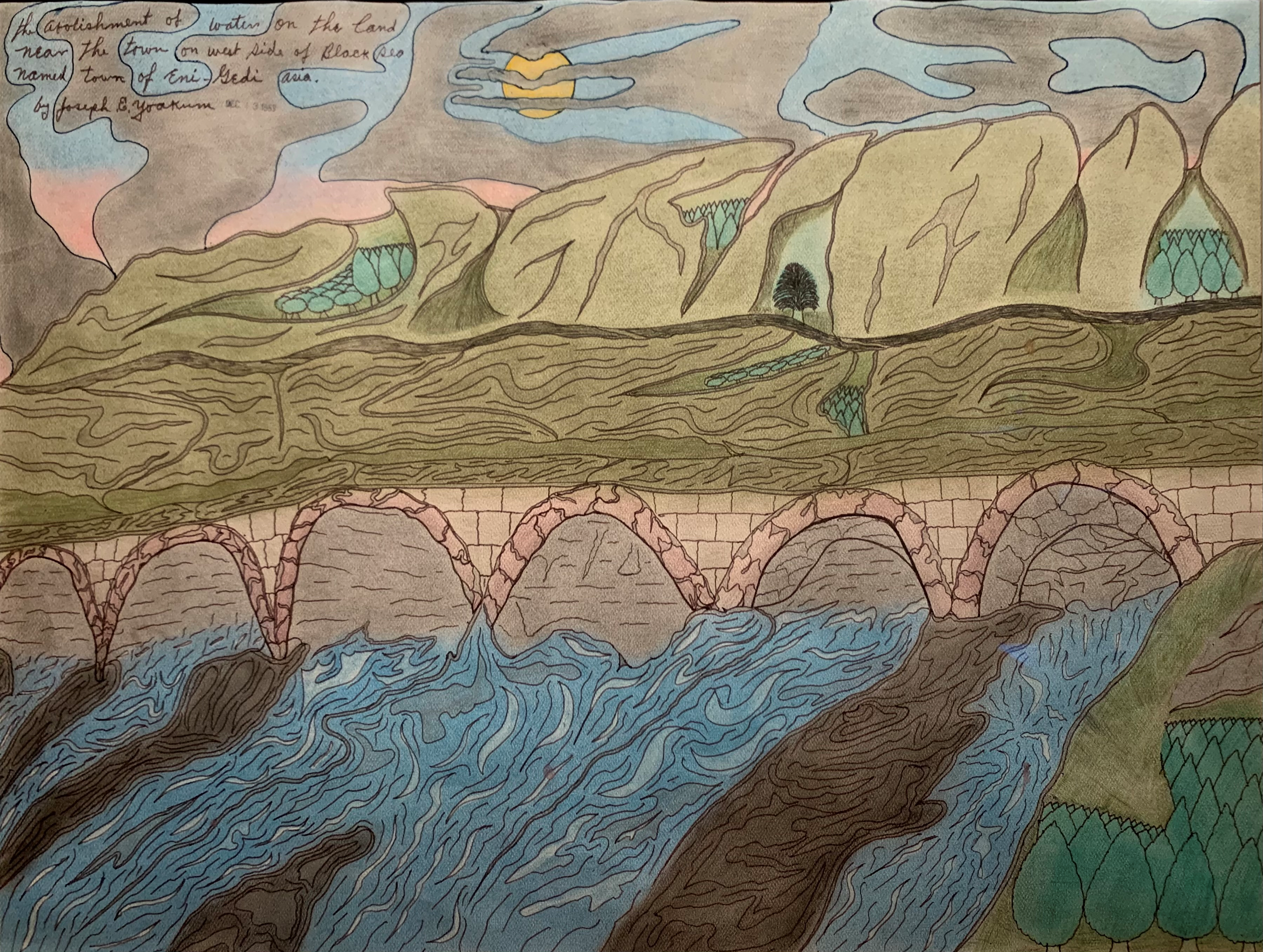 "Abolishment of Waters" - 12/13/1969 - 17x22 - fountain pen, ball point pen, ink and pastel colored pencils on paper