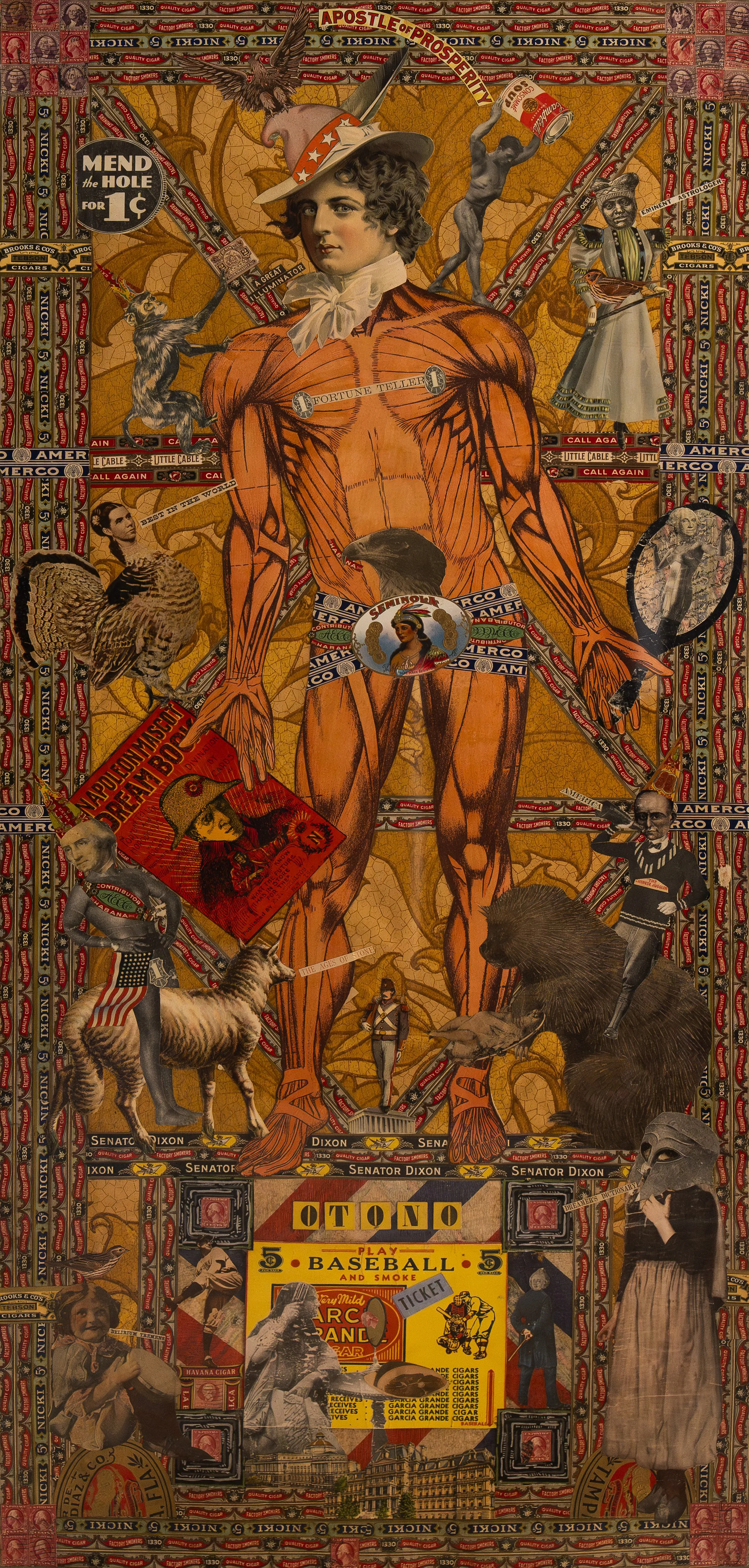 Four Seasons - "OTONO" (Autumn) - 44 1/4 x 19 1/2 - collage, wallpaper, cigar labels, magazine ads - c. 1920 - 1960s