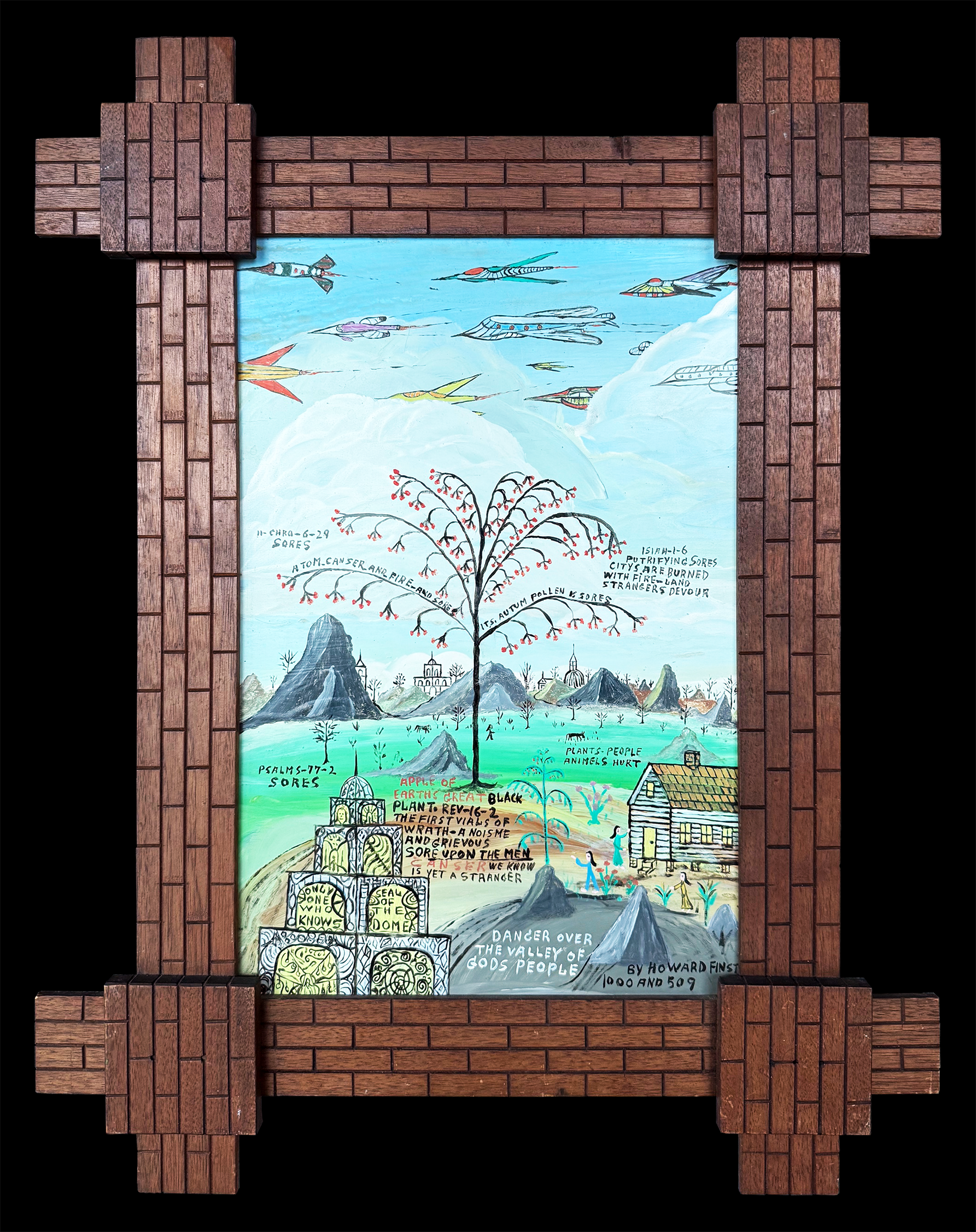 Danger over the valley of God's people - 1000 and 509 - 1980 - enamel on panel and house paint with homemade frame - 23 1/4 x 18