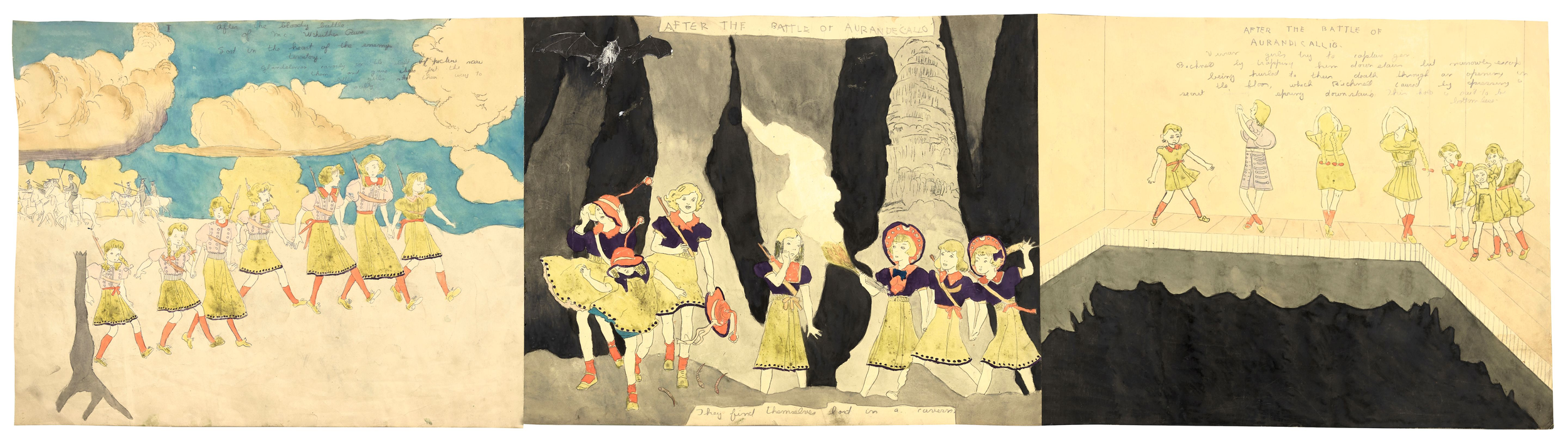 Lost in the heart of the enemy's territory (front) - 18 7/8" x 70 1/4"- watercolor, graphite, ink, carbon paper transfer & collage on paper - 1930 - 1960