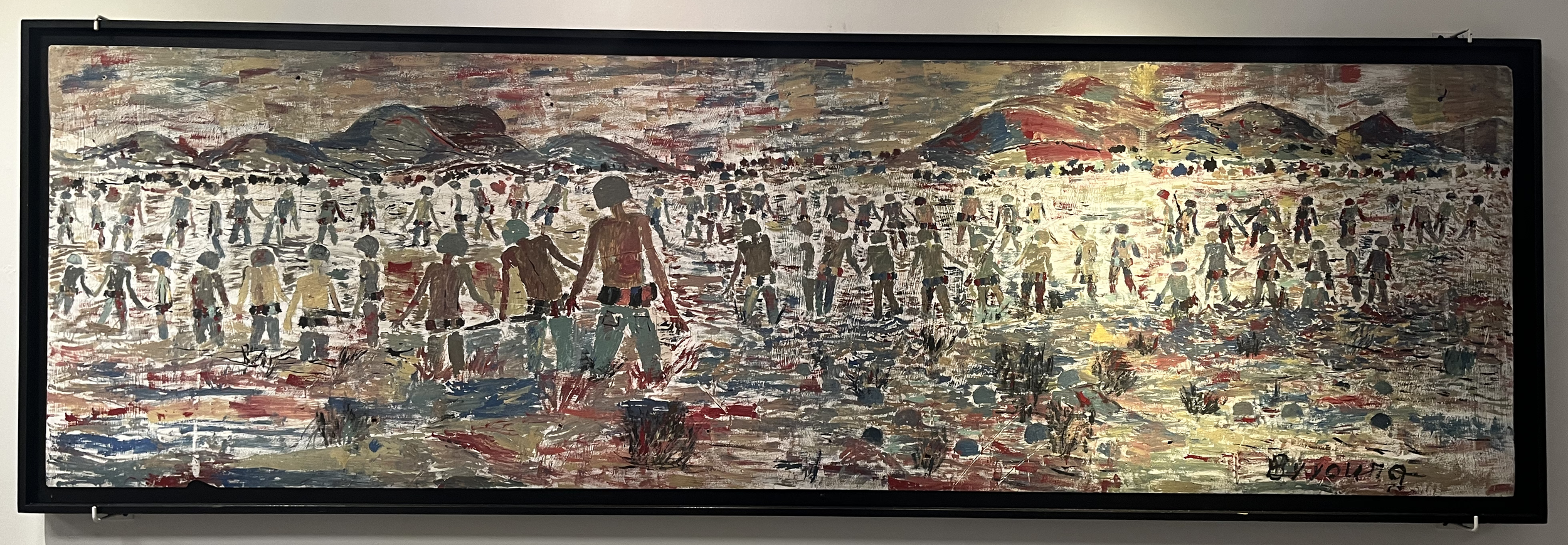 Zooloo's and Angels - c. 1970 - oil and house paint on board - 29 1/4 x 97 7/8