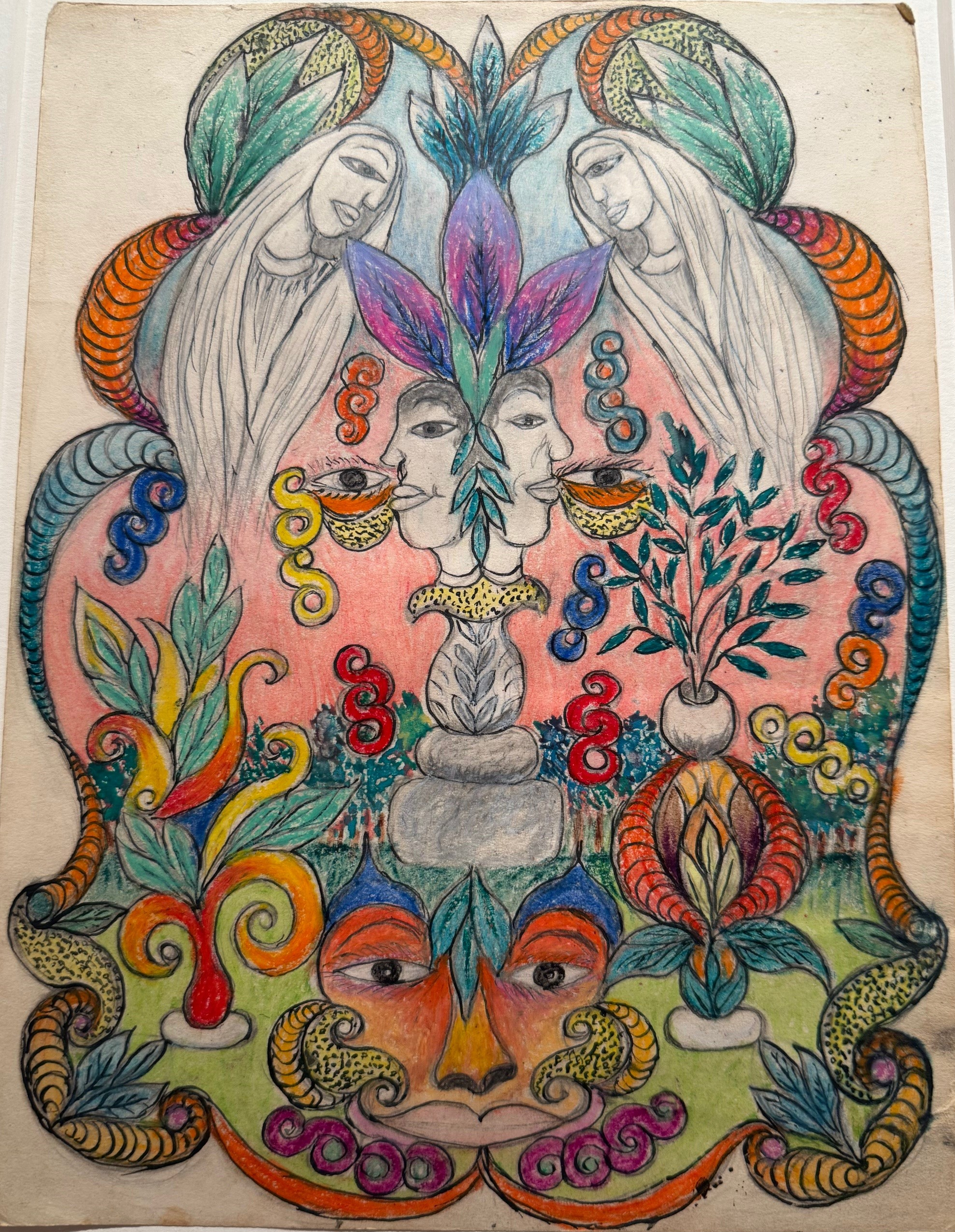 Untitled - Faces with garden statuary and angels - crayon, colored pencil on cardboard - 11 1/2 x 9