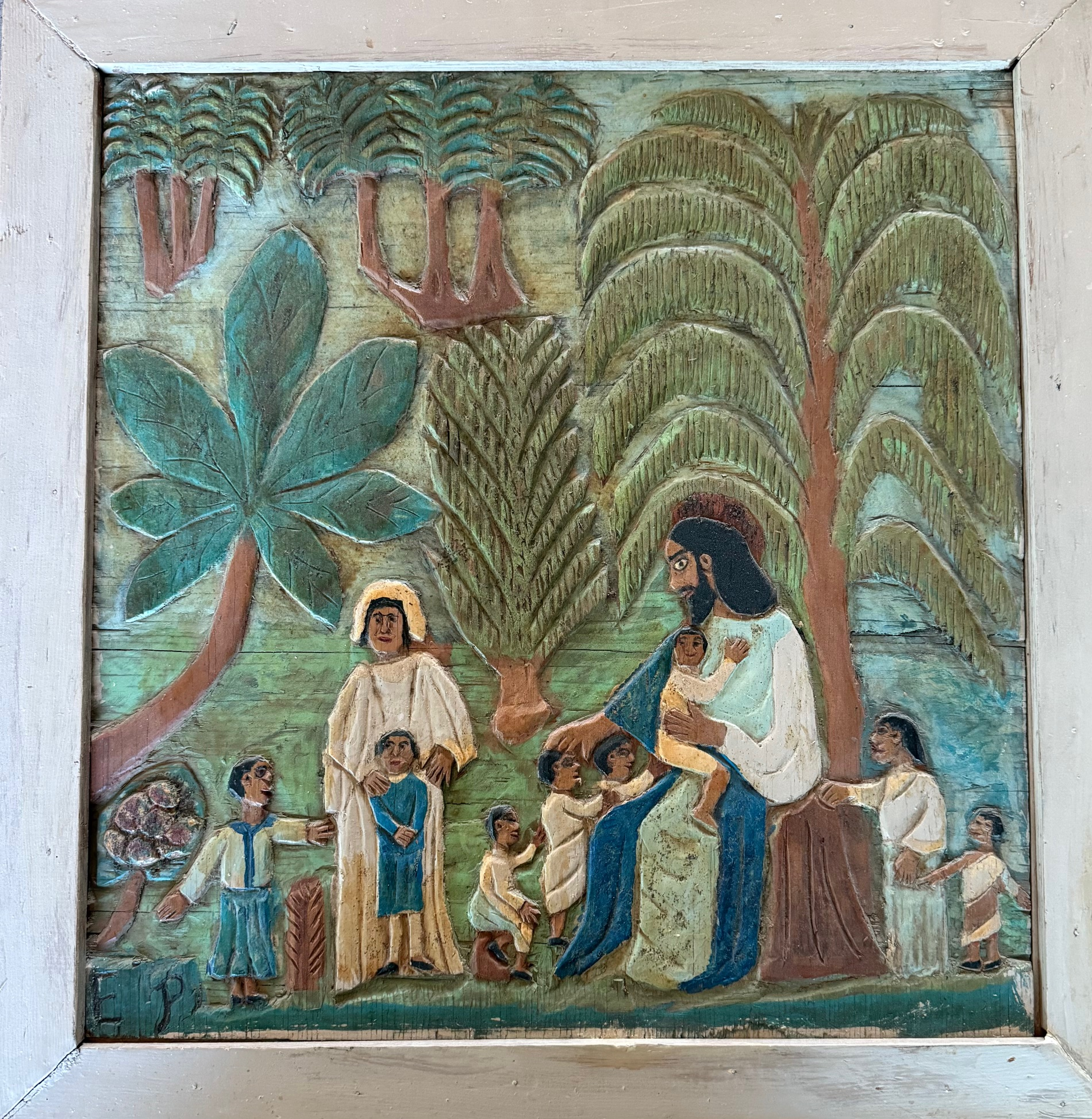 "Suffer the little Children" - 1963 - 19x18 - bas relief carving, paint, glitter