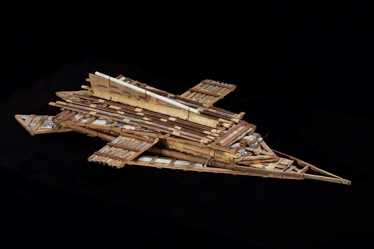 Machine #351, c. 1954-1986, Aluminum foil, copper wire, steel wire, paper, cereal box cardboard, masking tape, polyethylene plastic (recycled seed bags), wood and magnets - 48 x 24 x 8 inches
