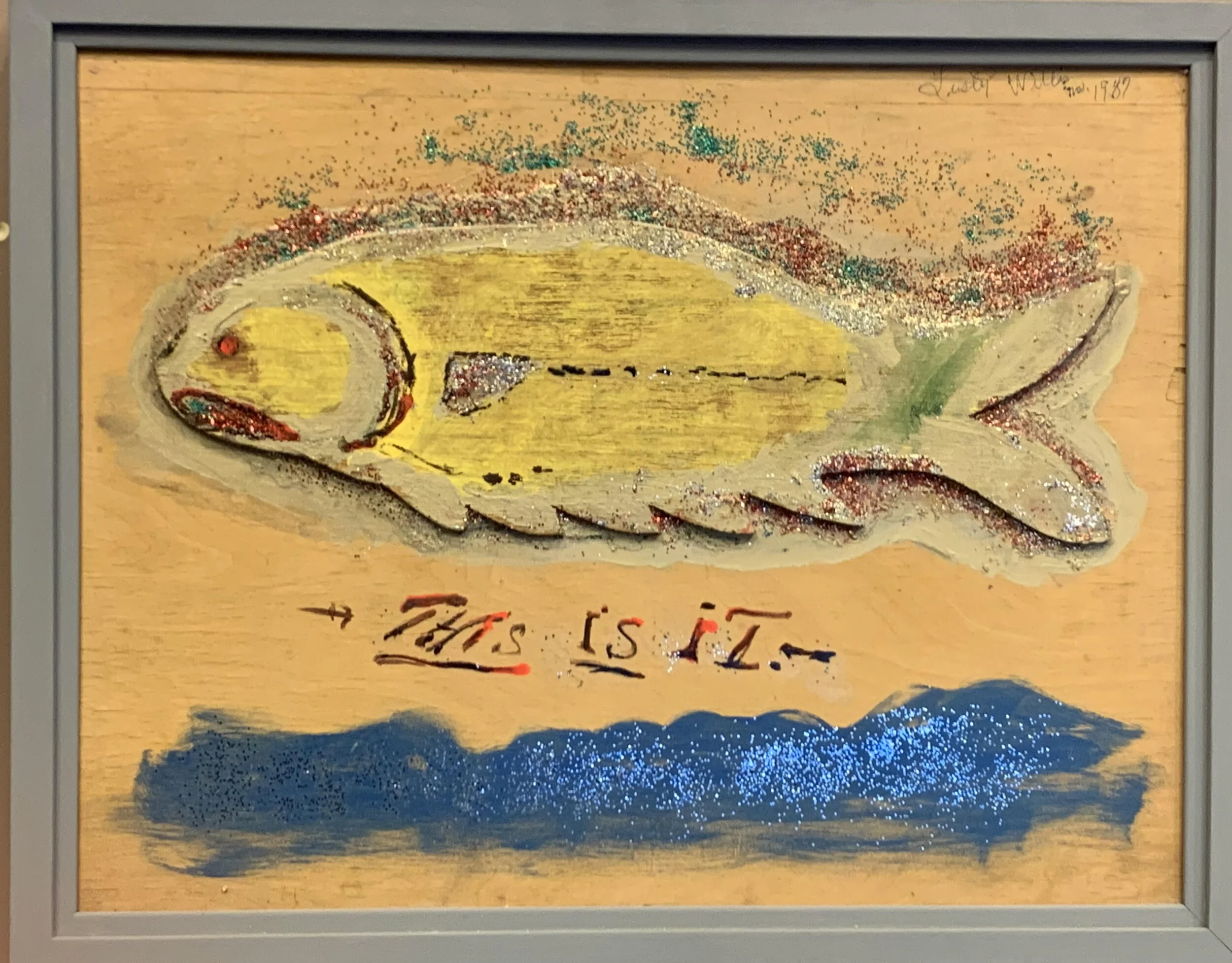 This Is It (carved fish) - 1987 - 19x23.5 - paint, glitter, carved wood
