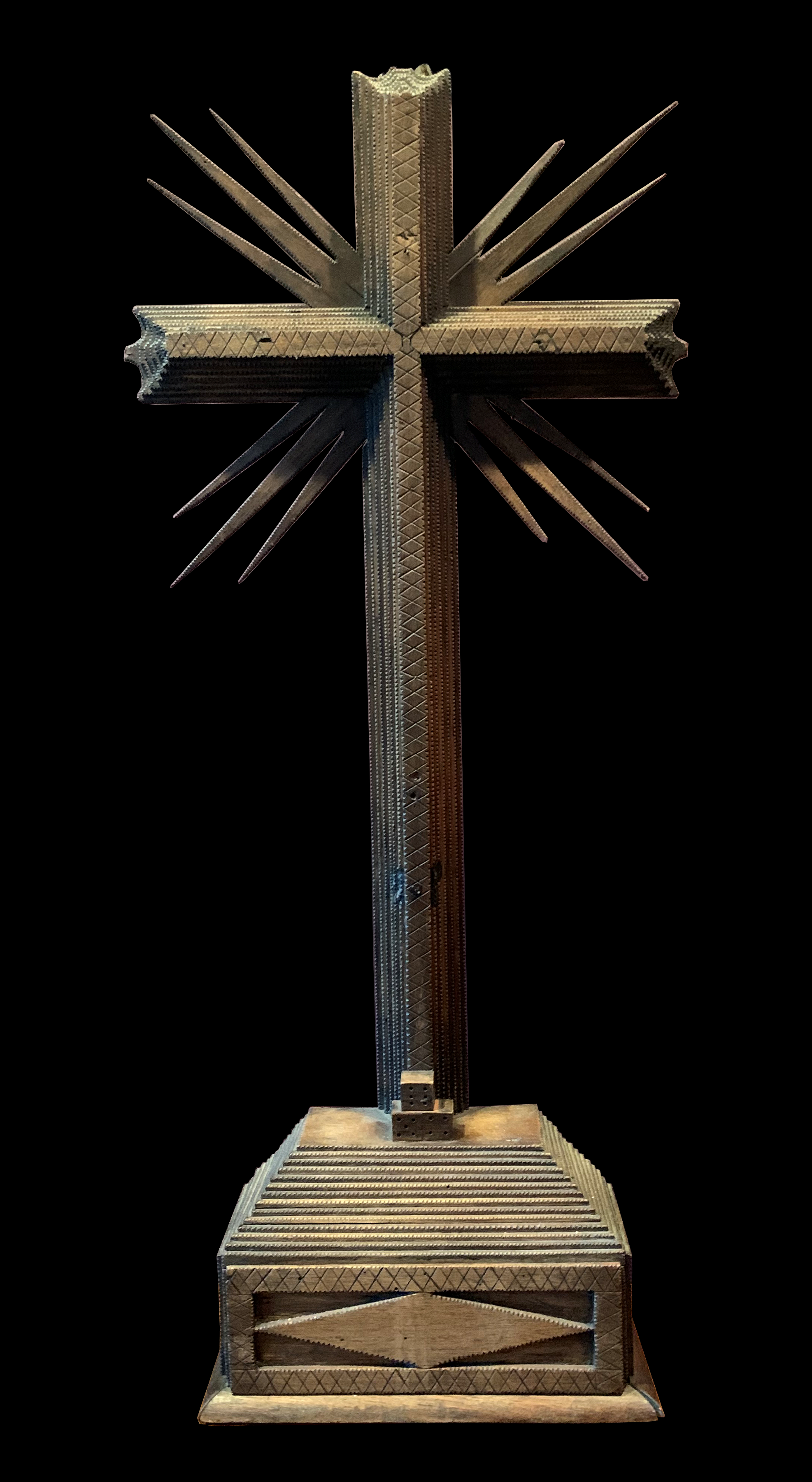 Tramp Art Crucifix Sunburst with dice - carved chipped wood with dice and hidden drawer - 27x12x4
