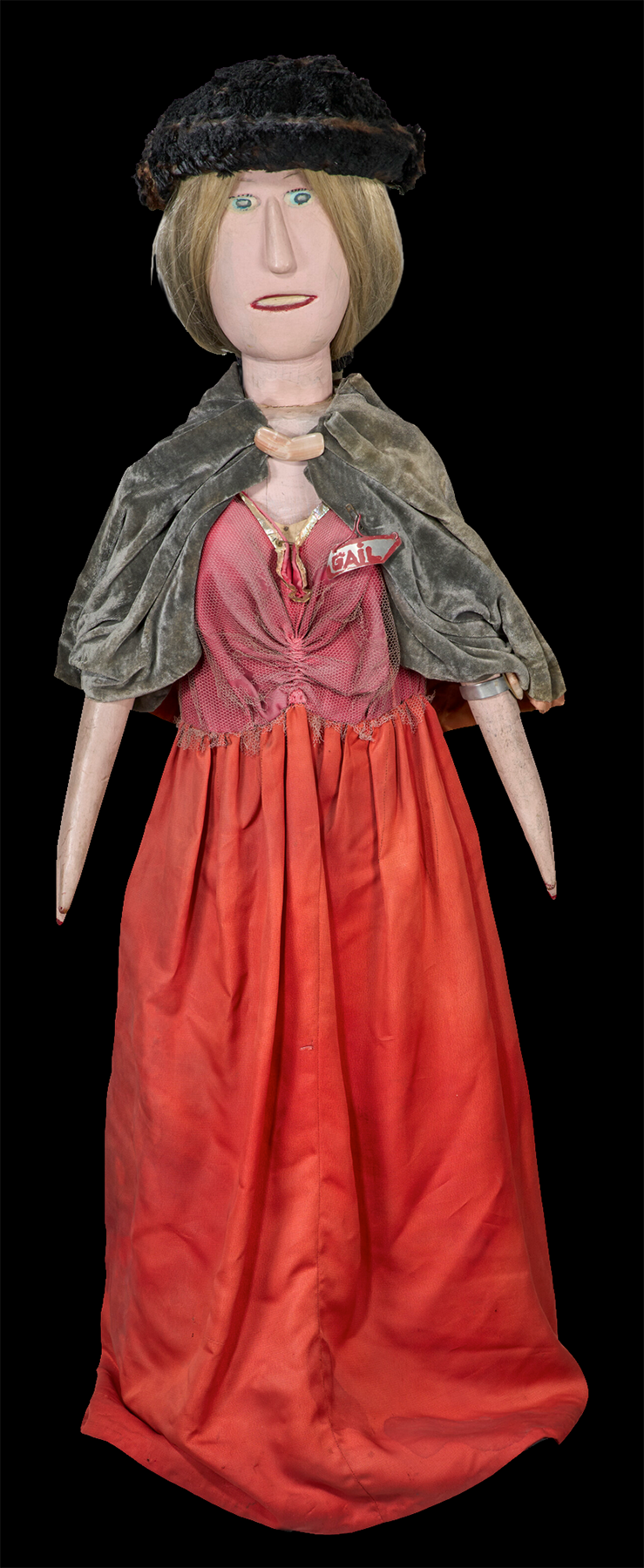 Gail - 39 x 14 1/2 x 9 1/2 -fabric, paint, acrylic hair and bracelet on carved wood - circa 1950 - 1960 