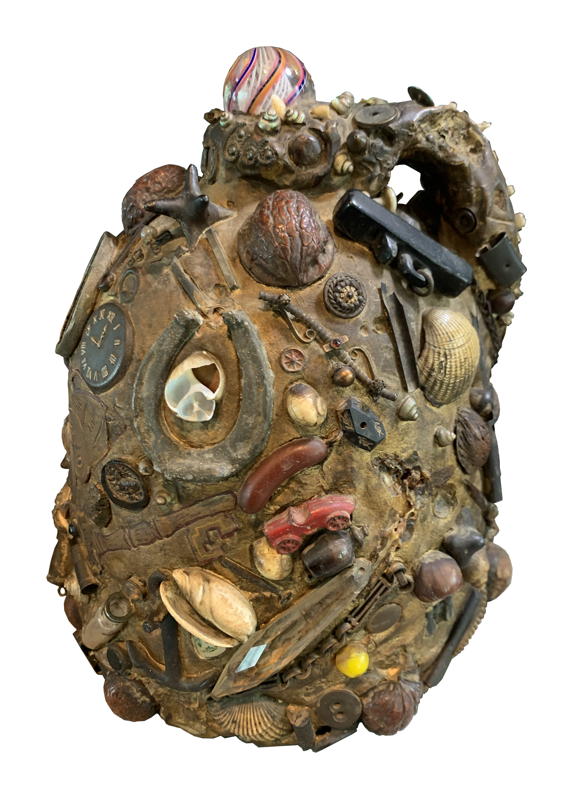 Stoneware memory Jug Pennslyvania Origin - c 1900 - 9.5 x 8 - putty and found objects