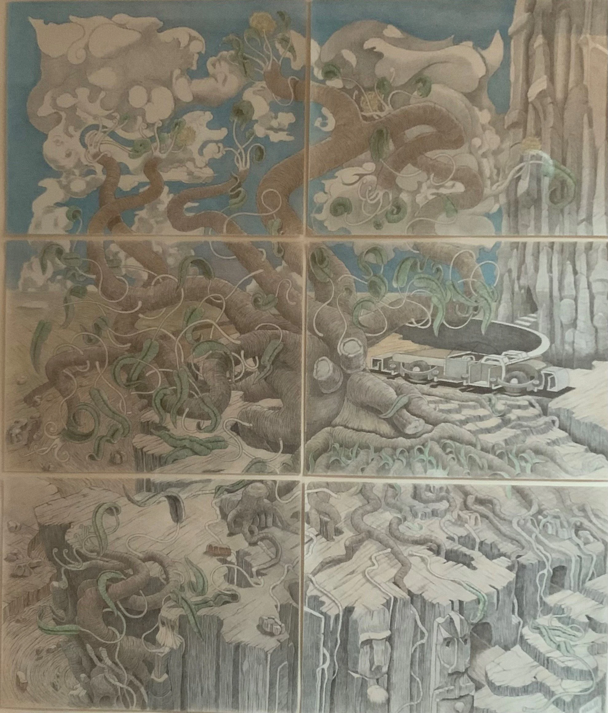 6 panel scene - circa 2018 - colored pencil on paper - 28x33
