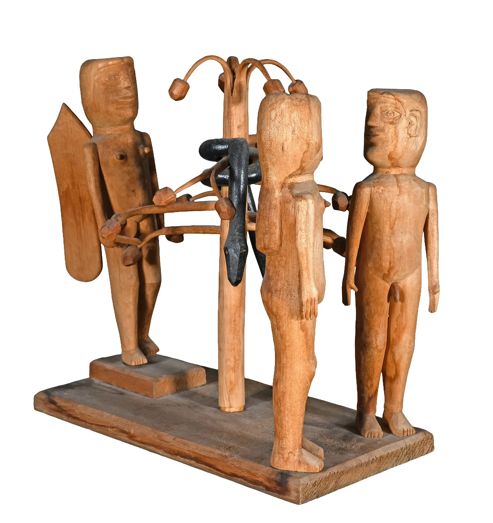 Expulsion From the Garden - carved with with painted snake - 12.5" x 13" x 6.5"