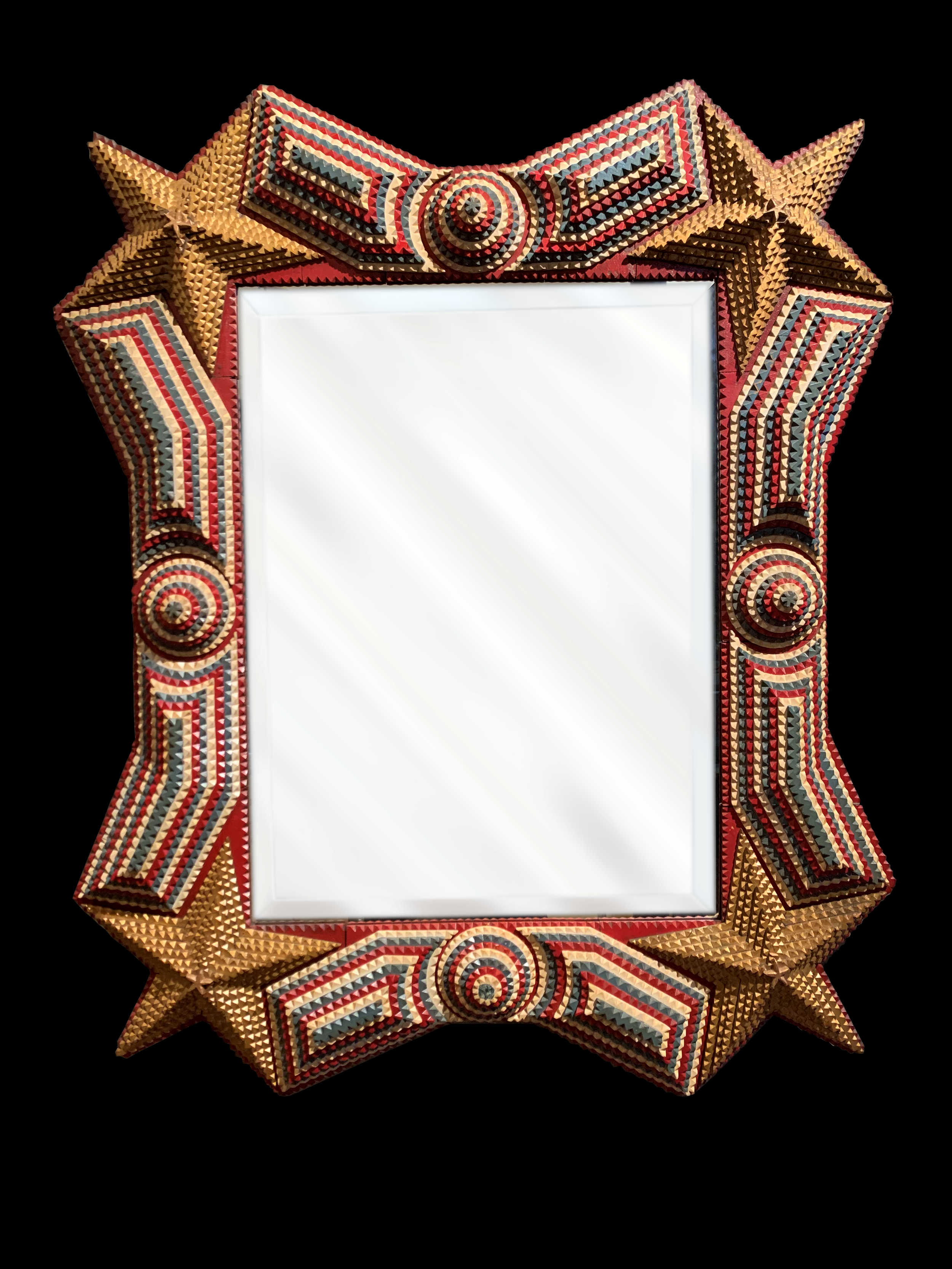 Tramp art red, white and blue mirror - 32x27x3 - mirror, chipped wood, paint