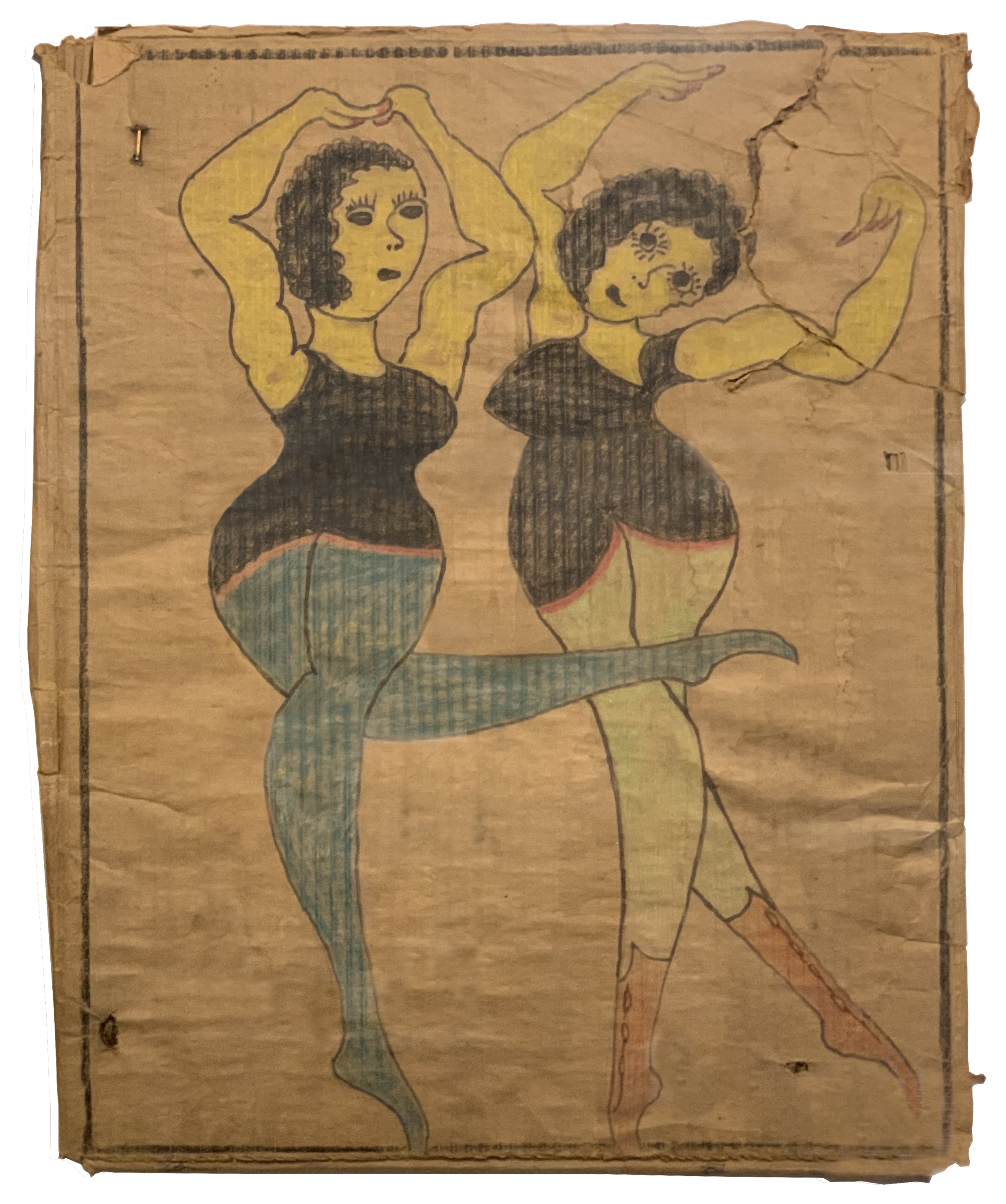 2 Female Wrestlers - 24x20 - crayon on found corrugated board