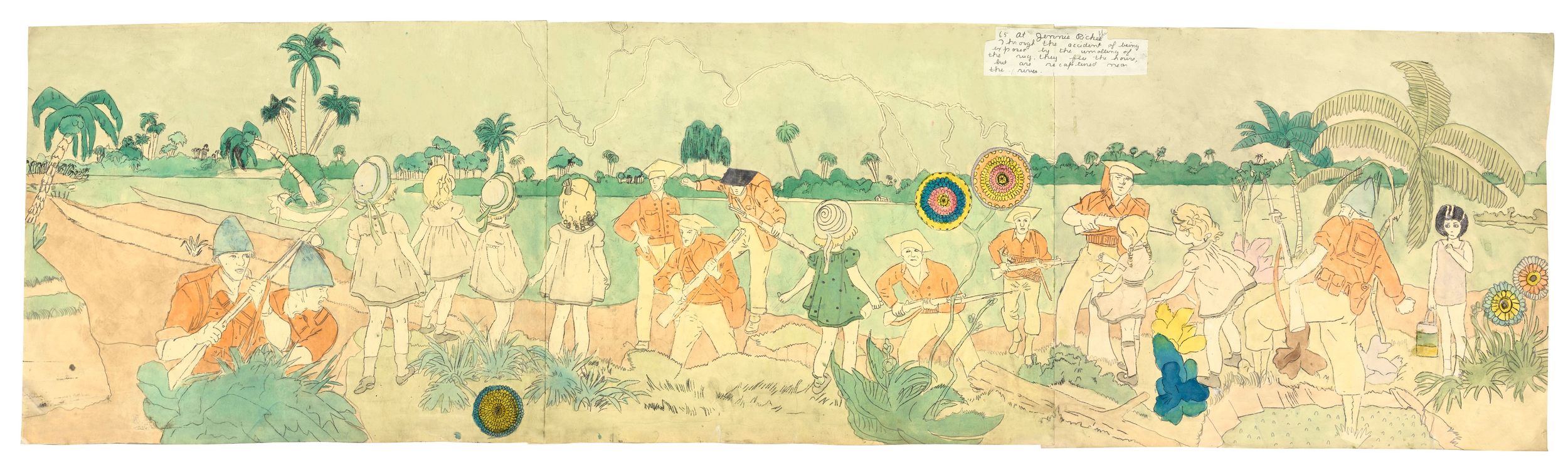 65 at Jennie Richee, through the accident of being exposed they flee (back) - 18 7/8" x 70 1/4"- watercolor, graphite, ink, carbon paper transfer & collage on paper  - 1930 - 1960