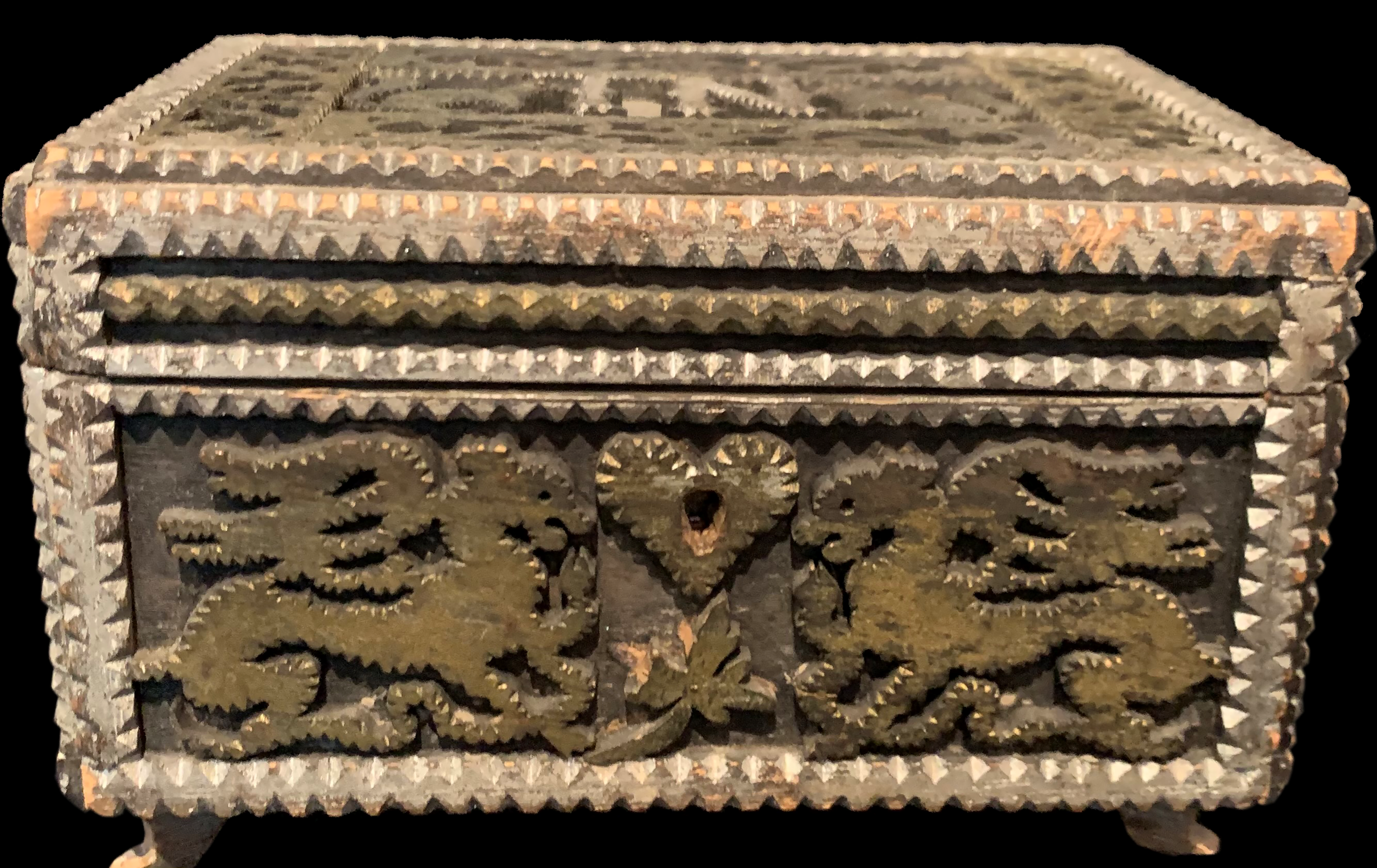 Small grey box with lions and squirrels - 1930's - 7x7x3.5 - light grey and silver with "TN" 2 squirrels