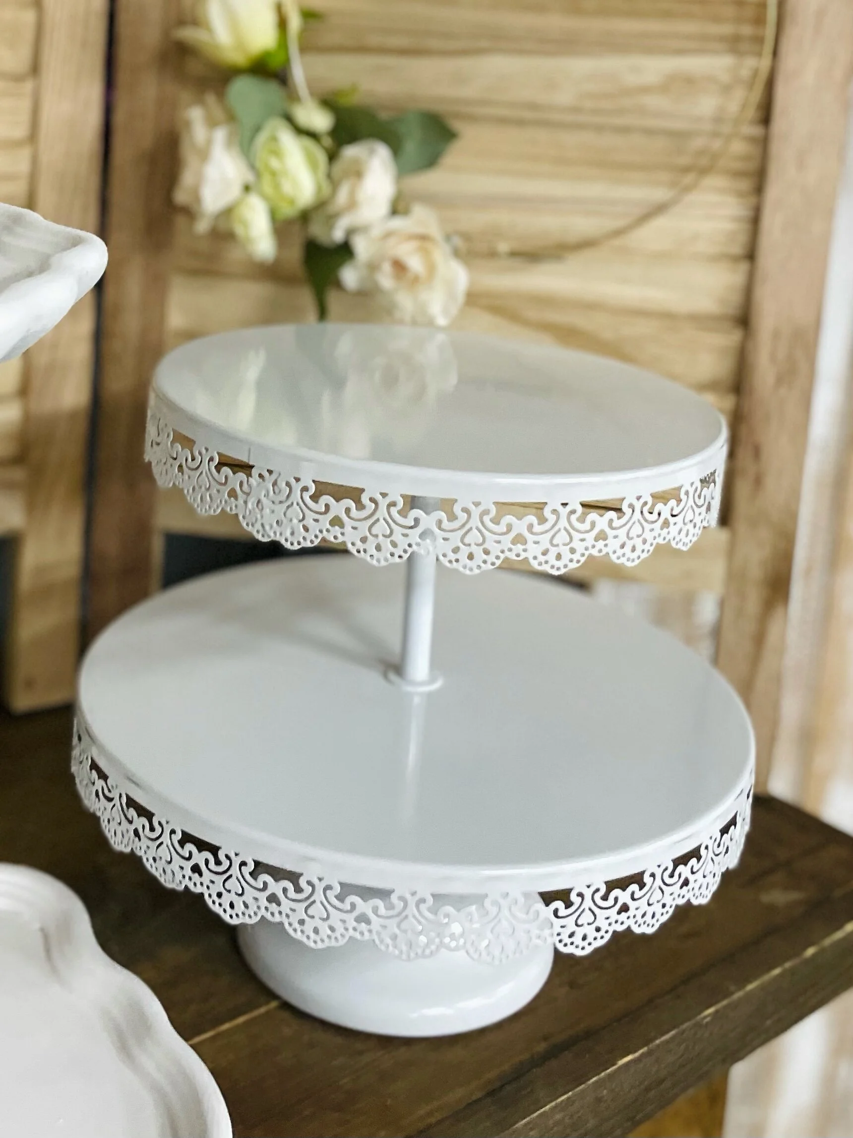 2 Tier White Metal Stand (2 available) - $10 each