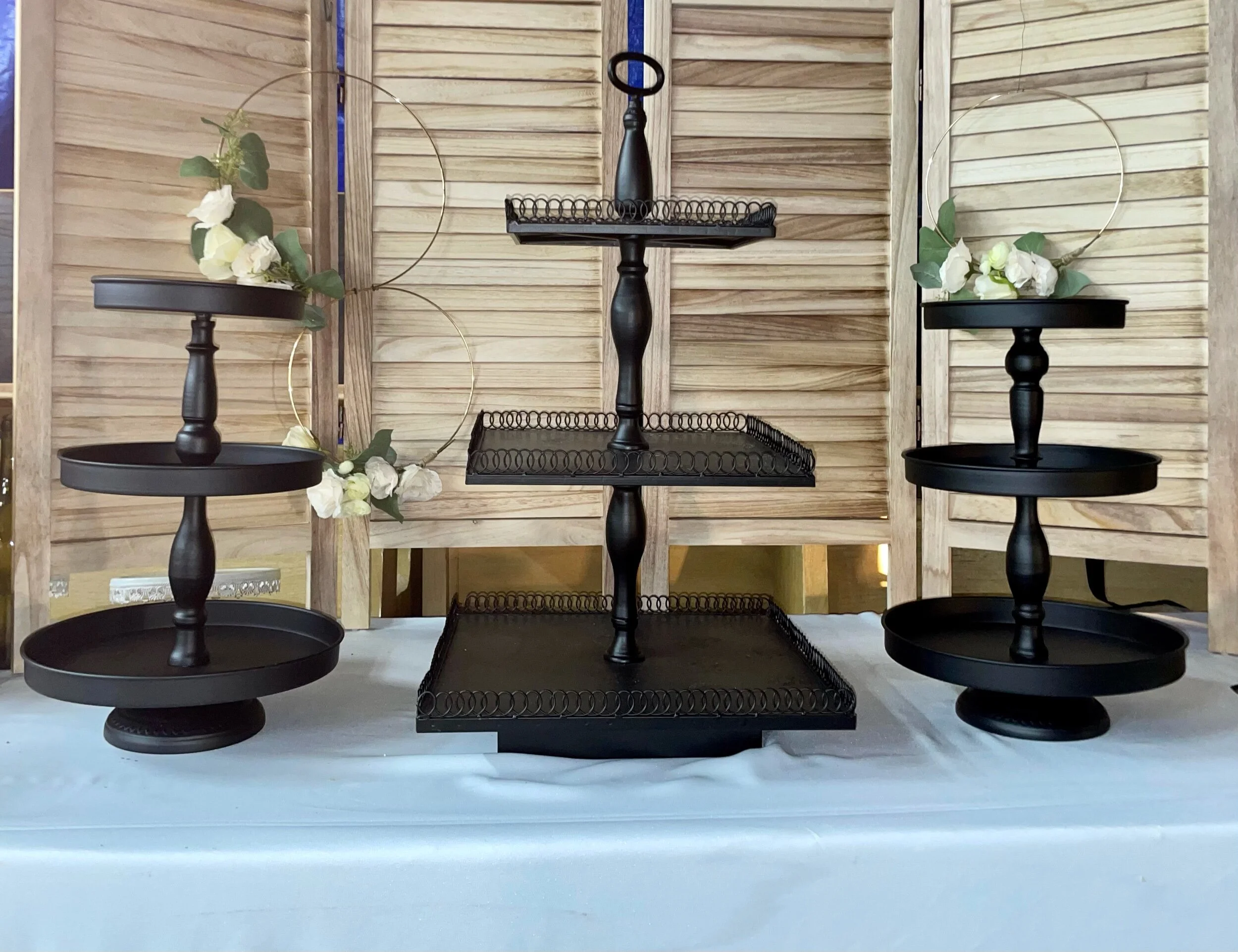 Large 3 Tier Black Stand (middle) - $10 / 
Small 3 Tier Black Stands (2 available) $10 each