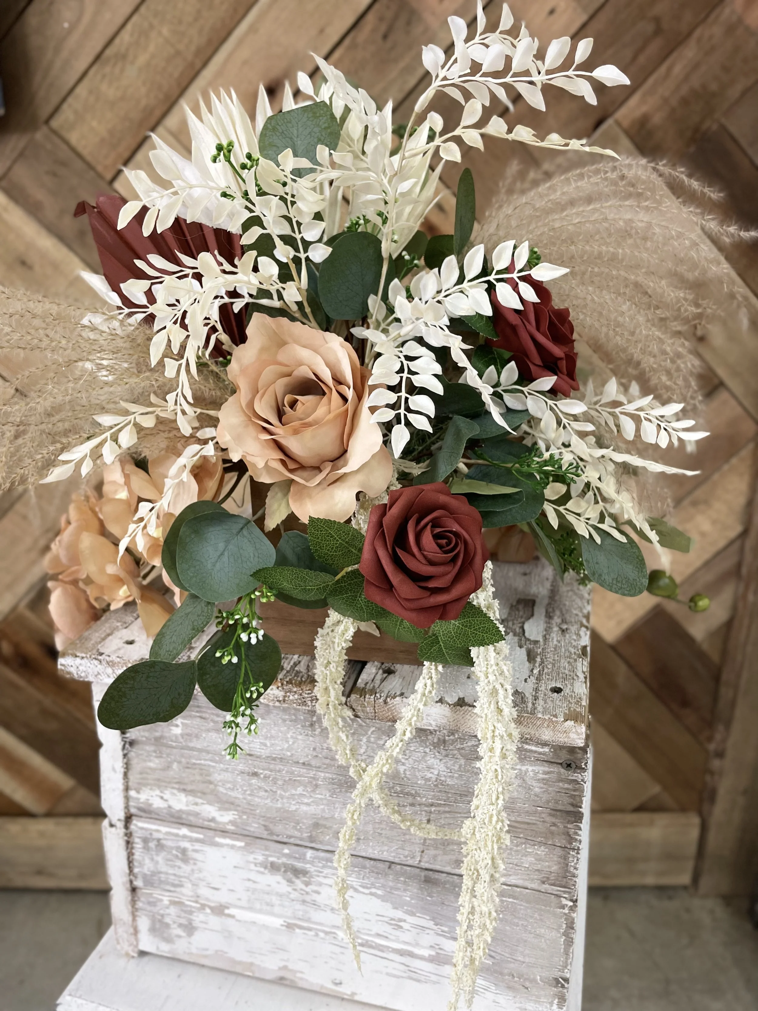 *Stained Wood Box Floral Centerpiece - $15 each (15 available) Customize with any florals/colors!