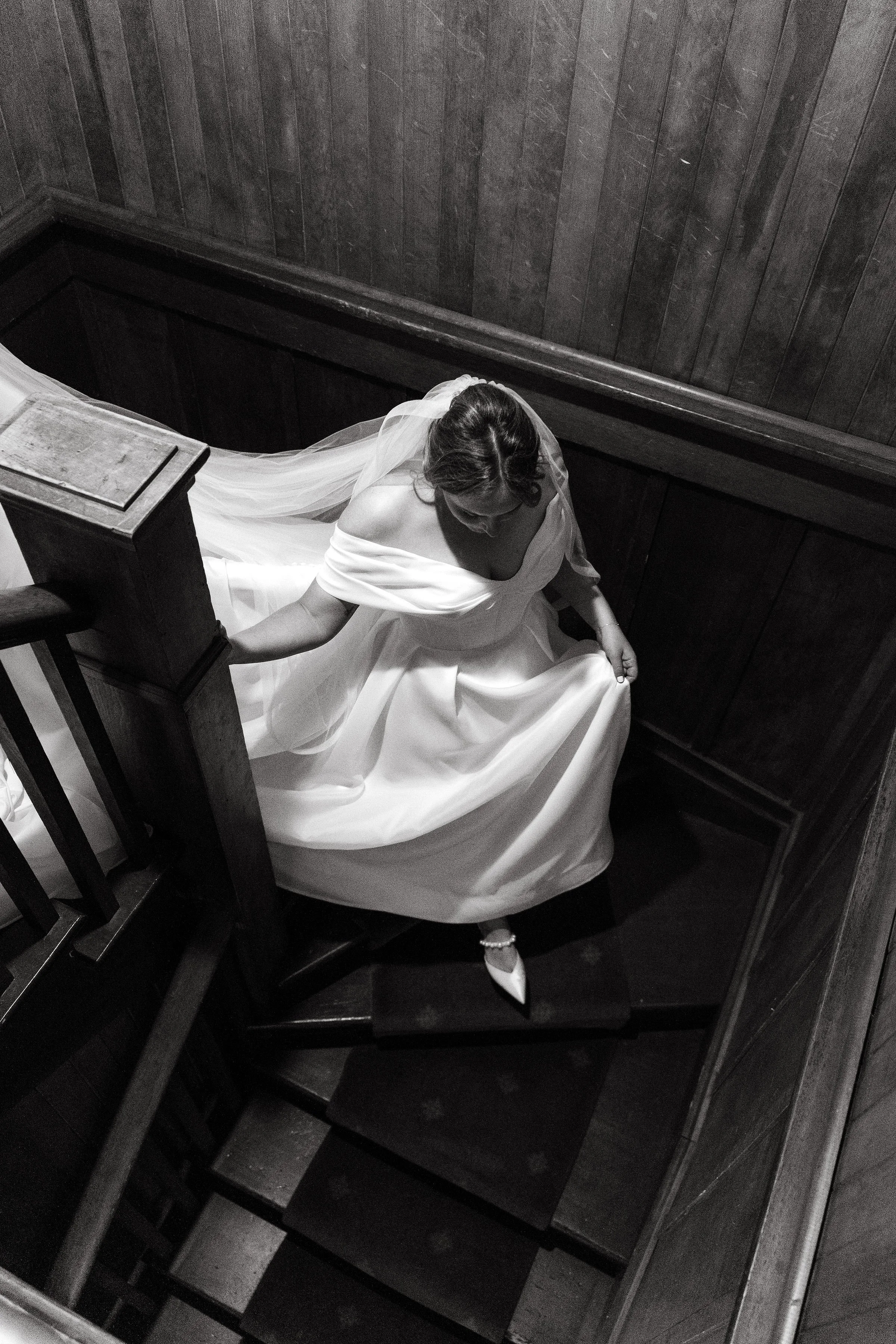 Bride on stairwell in Valhalla Tahoe a historical staircase