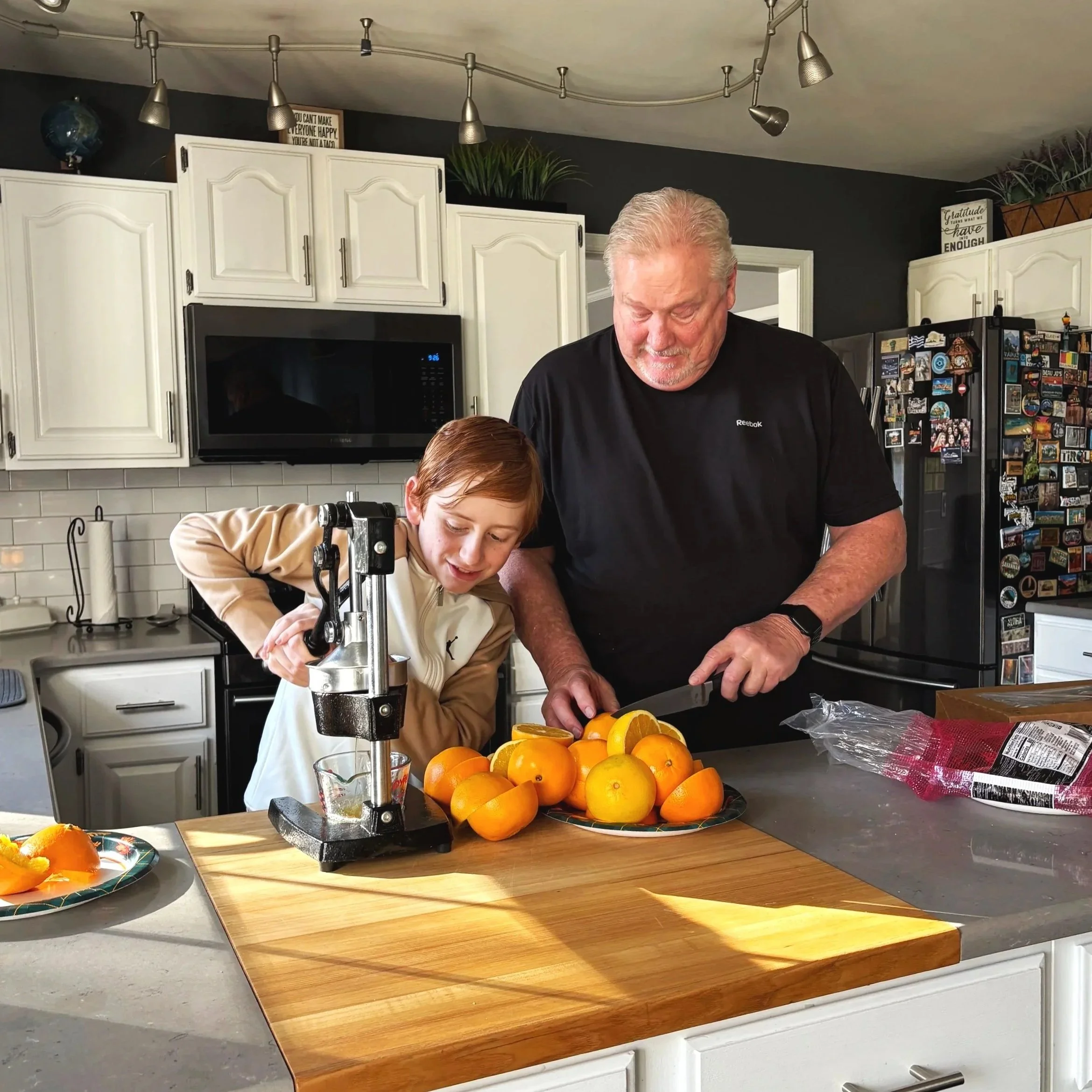 My grandson and I have made orange juice together since he was very young. This year he pressed on his own! I'm his coach.