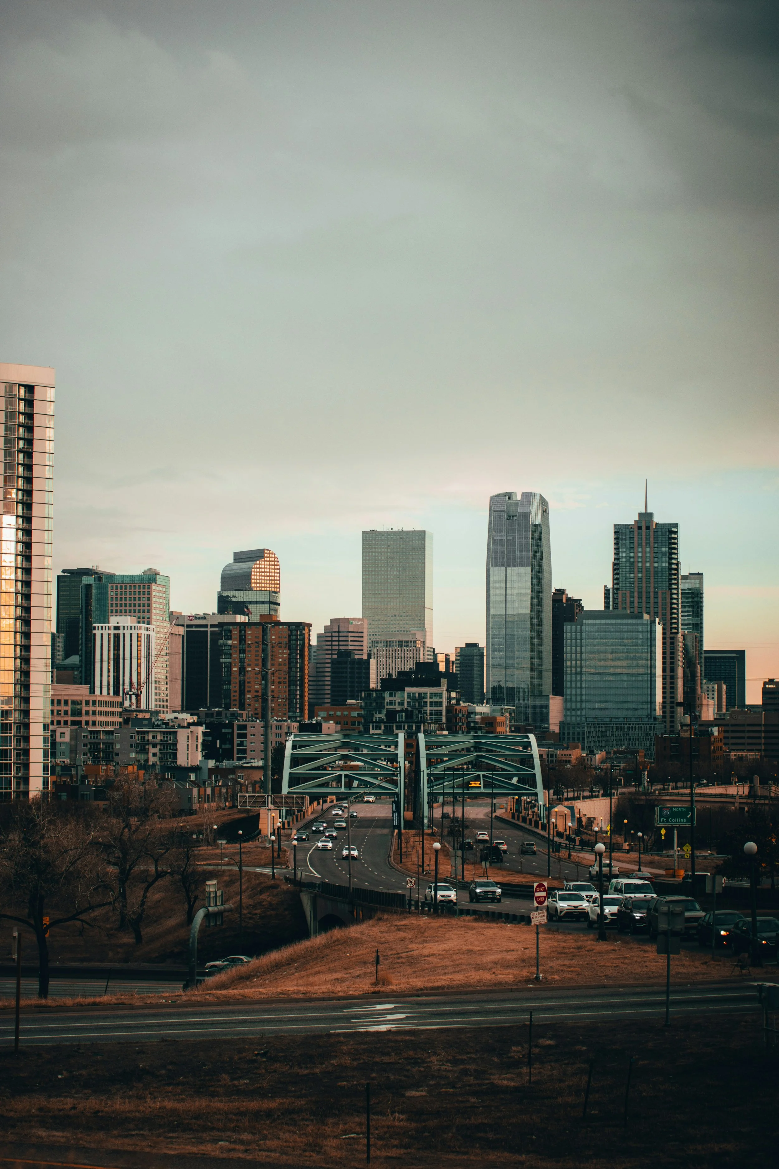 Skyline of a city with many skyscrapers, viewed from a highway and bridge in the foreground, with parked cars and leafless trees, under an overcast sky.