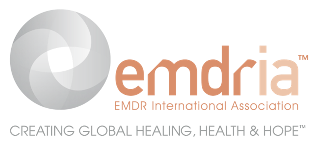 Logo of Emdria, featuring a gray circular design with a black center, accompanied by the text 'emdria' and 'EMDR International Association'.