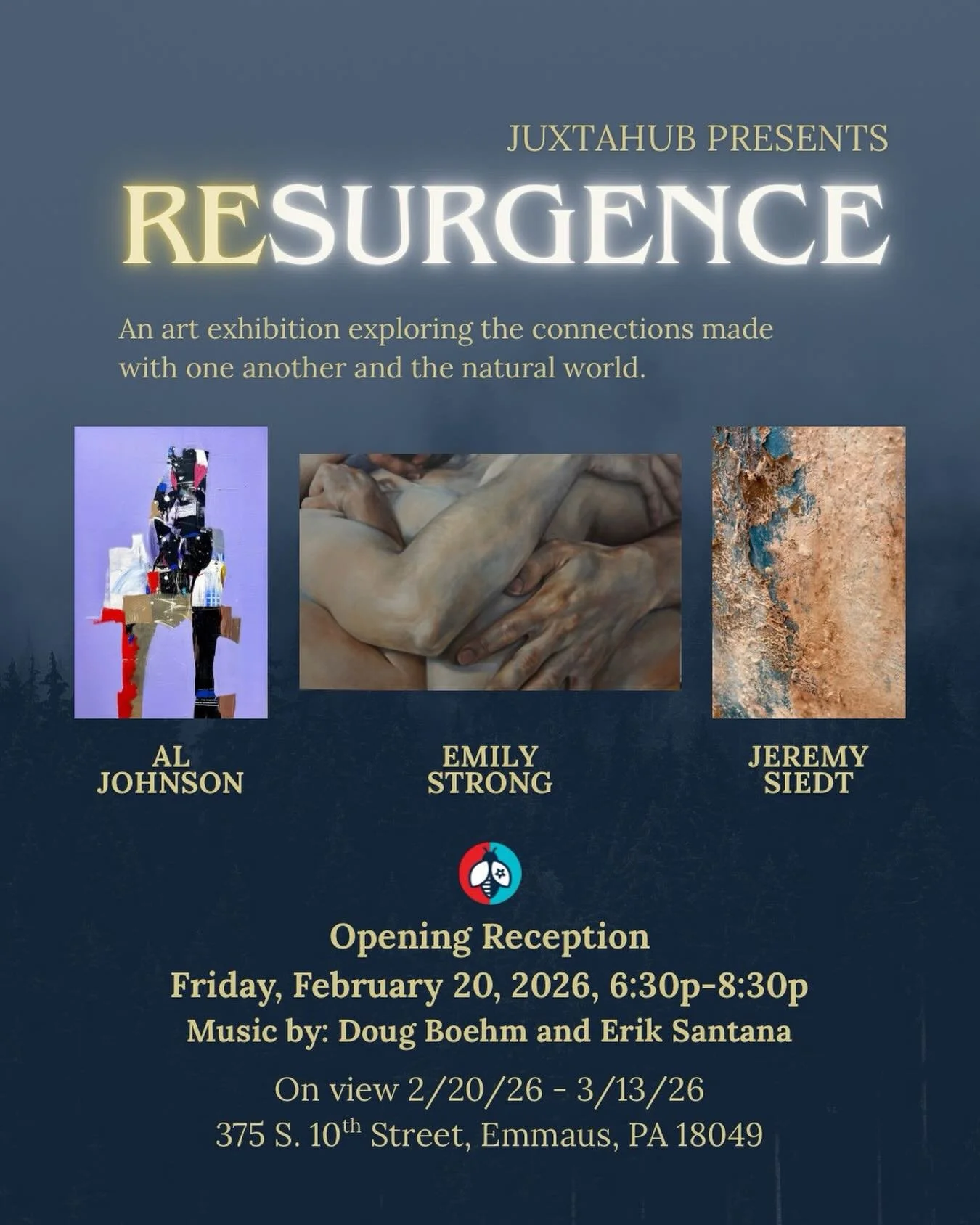 ✨SAVE THE DATE ✨Opening reception of RESURGENCE - Friday, February 20th, 6:30 - 8:30pm @juxtahub 

Featured Artists: Al Johnson, Emily Strong, and Jeremy Siedt.

This exhibition explores the connection between one another and the natural world. In a 