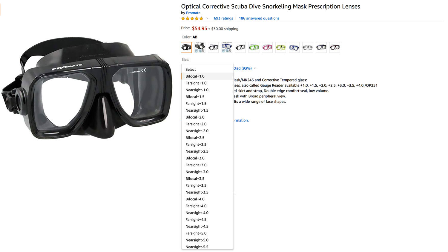 Promate Hawk Eyes RX Prescription Optical Scuba Dive Snorkeling Mask NEW 