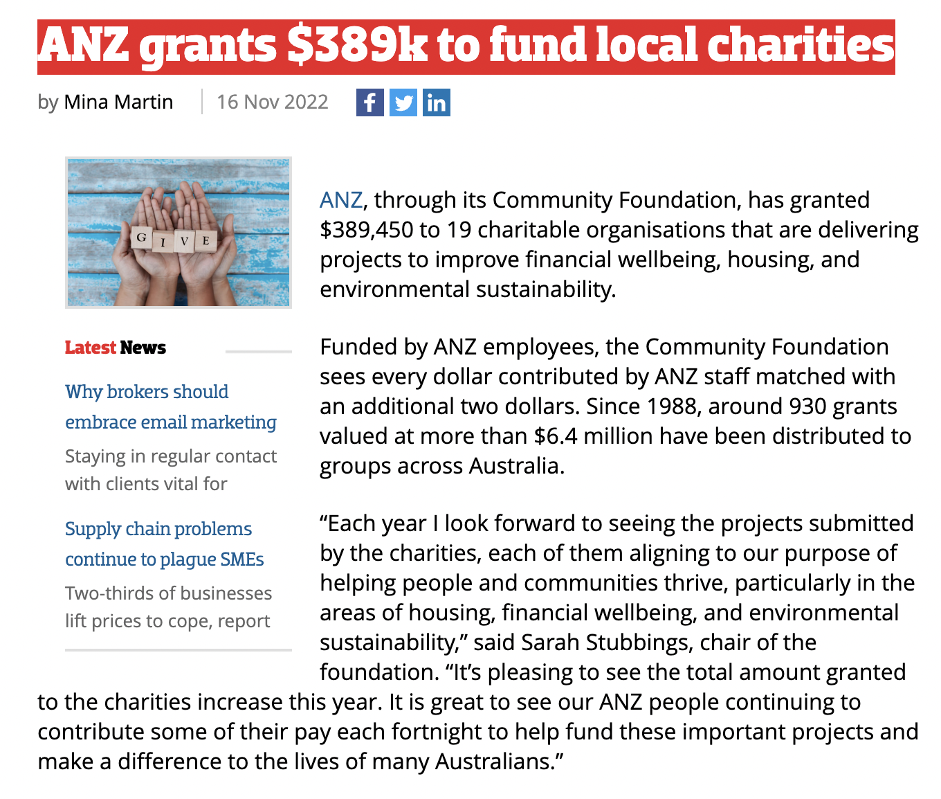 ANZ grants $389k to fund local charities