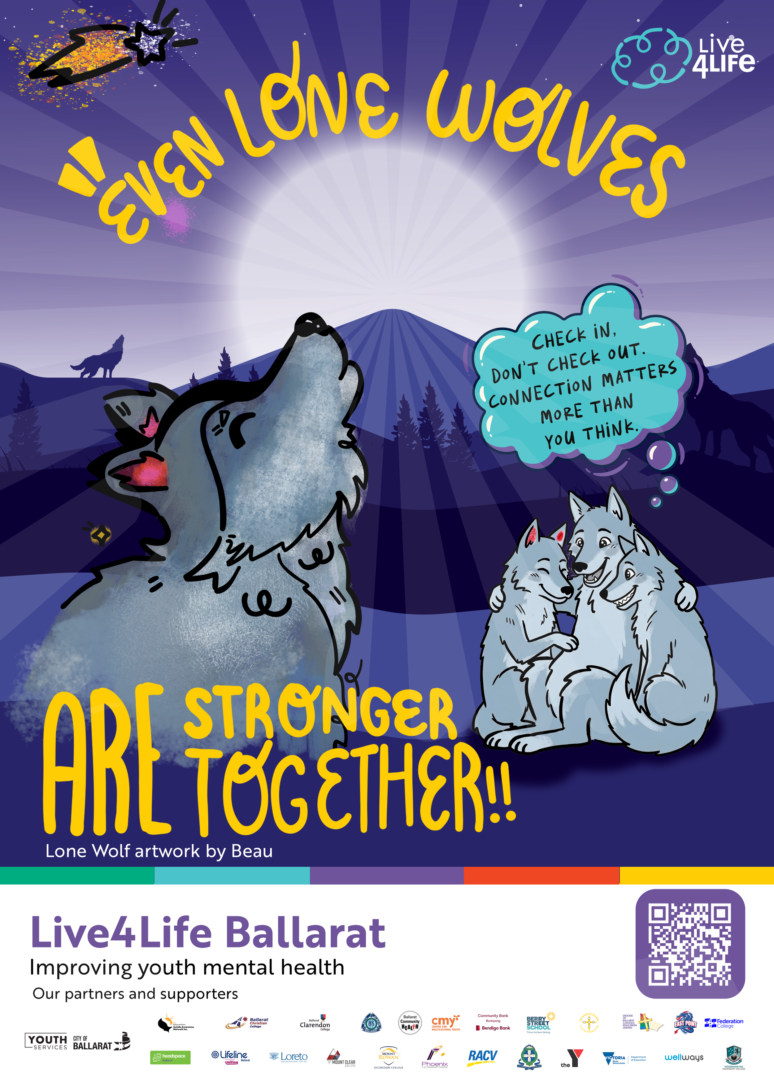 Poster artwork with and illustrated lone wolf howling at the moon while a pack has a group hug nearby. Text: "Even lone wolves are stronger together"