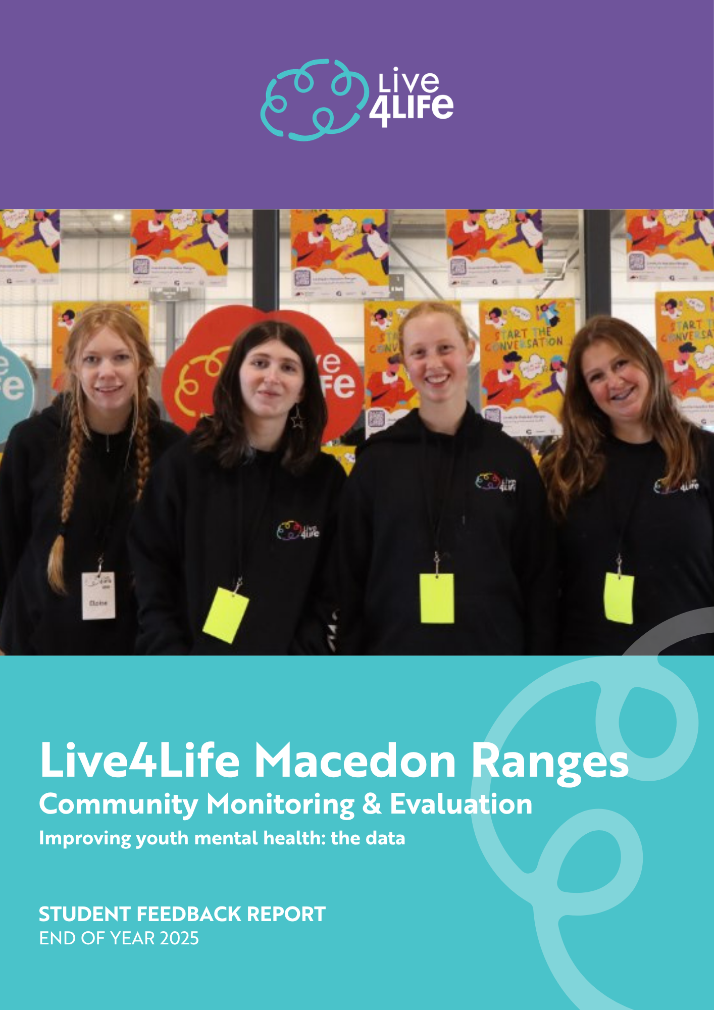 Front cover of the Macedon Ranges Student Feedback Report featuring a photo of four young people in Live4Life hoodies