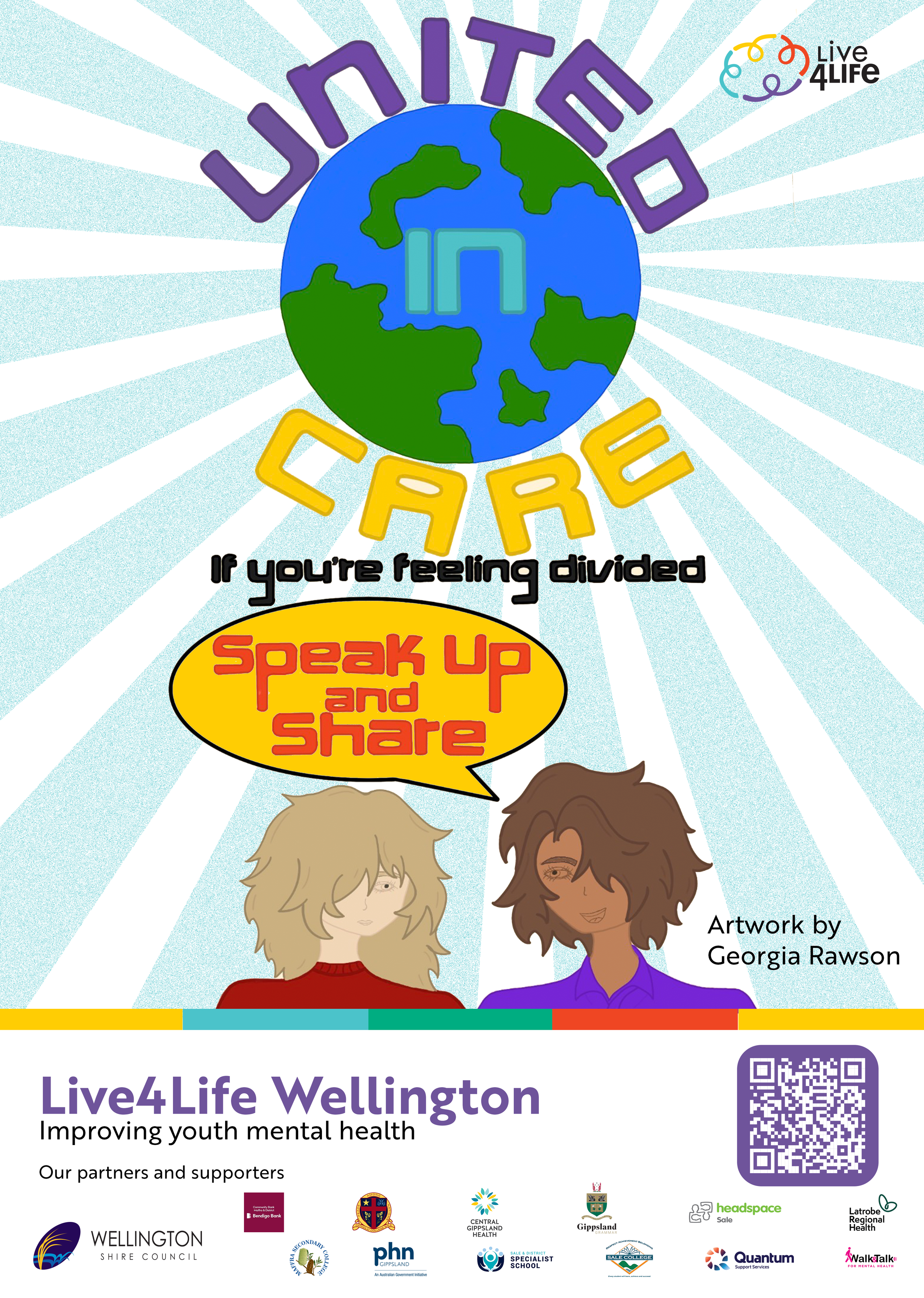 Poster artwork with Planet Earth radiating pale blue rays onto the heads and shoulders of two illustrated manga-style characters. Text: "UNITED IN CARE - If you're feeling divided Speak Up and Share'