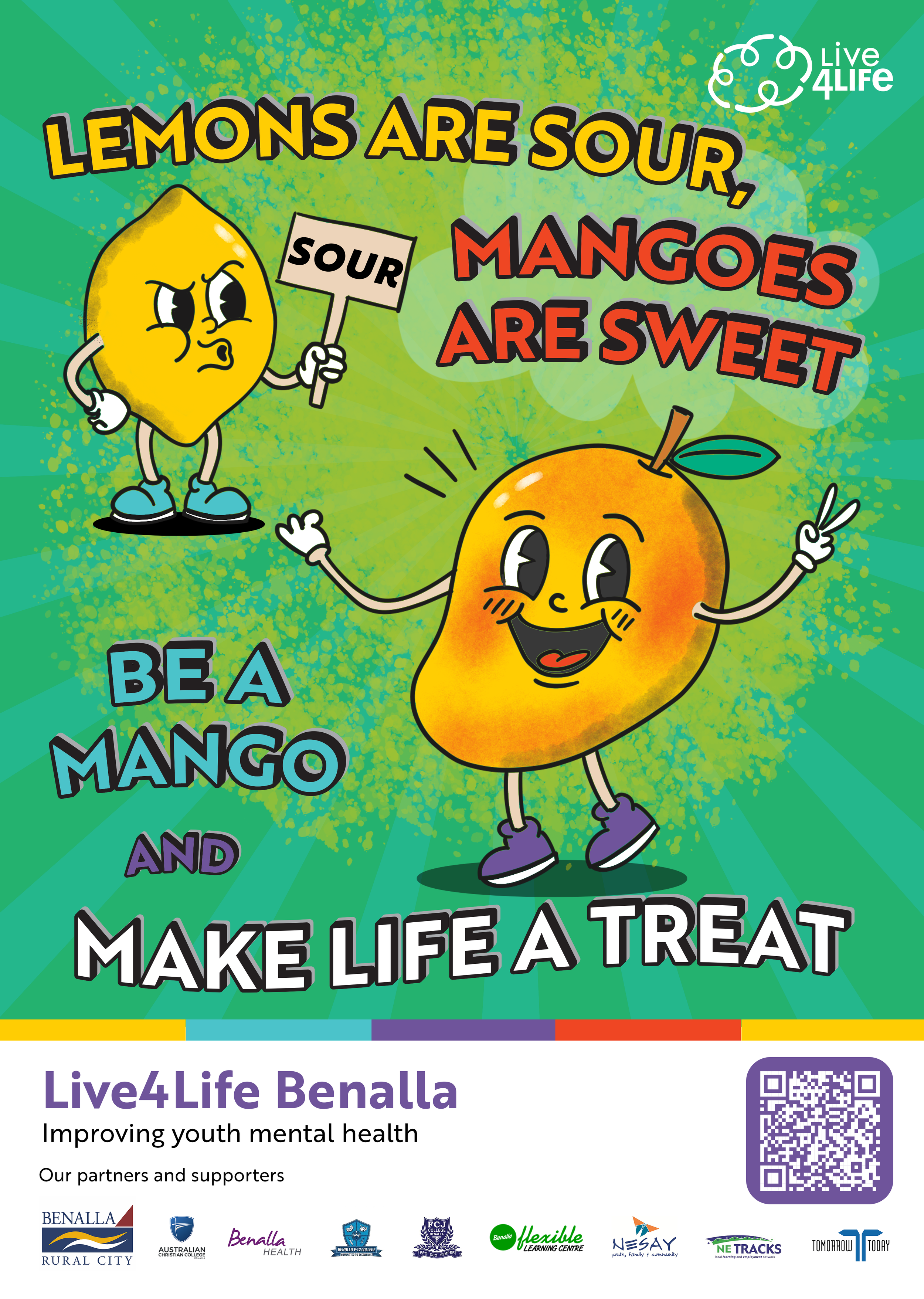 Poster artwork with an anthropomorphised cartoon lemon and mango and the text: "Lemons are sour, mangoes are sweet – be a mango and make life a treat!"