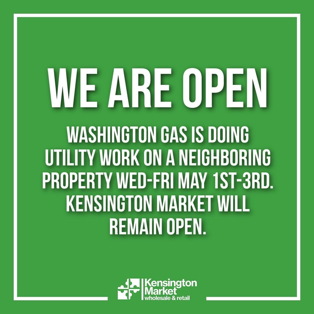 🚨Hi Kensington! Another week, another episode of utility work. Except this week, WE ARE OPEN.🚨

Washington Gas is performing utility work on a neighboring property Wednesday through Friday of this week (May 1st-3rd). If you&rsquo;re driving by it m