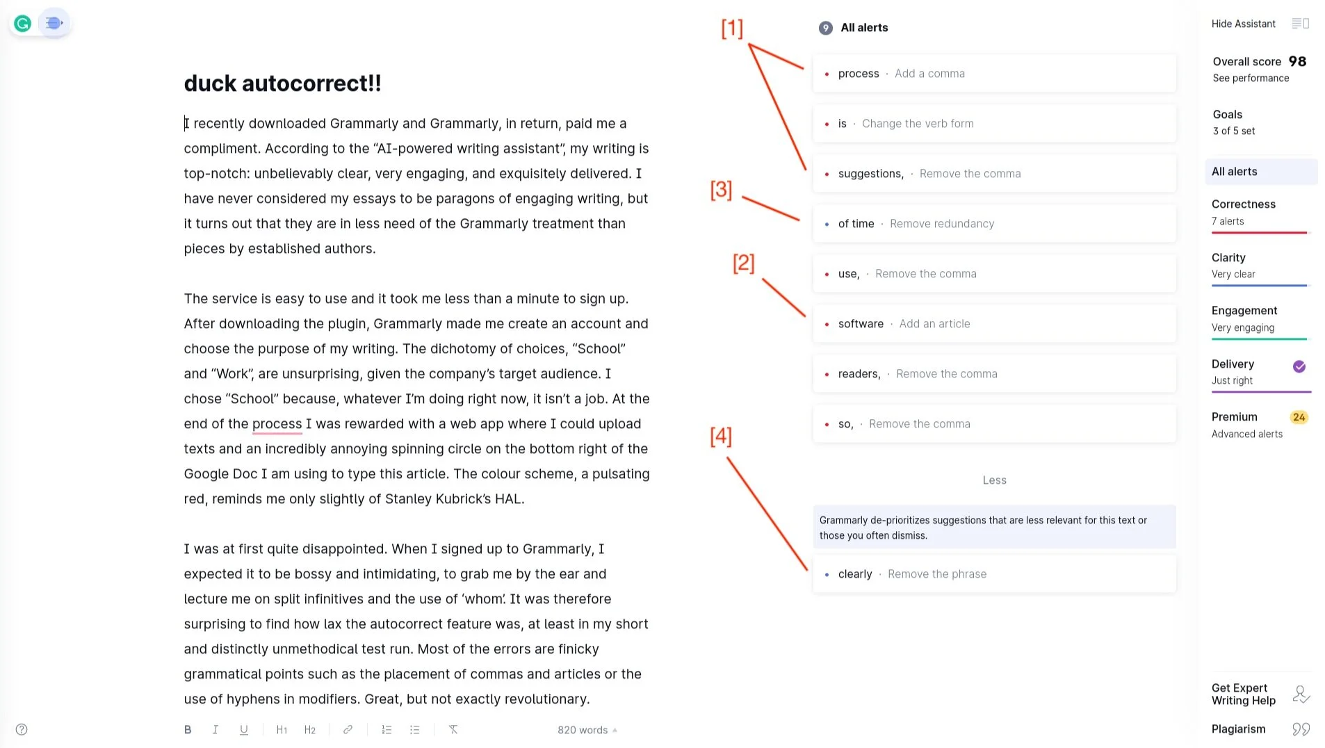 “…grammatical points about the placement of commas [1] and articles [2]…” “…cut tautologies […] [3], and remove supposedly unnecessary words (‘clearly’) [4].”