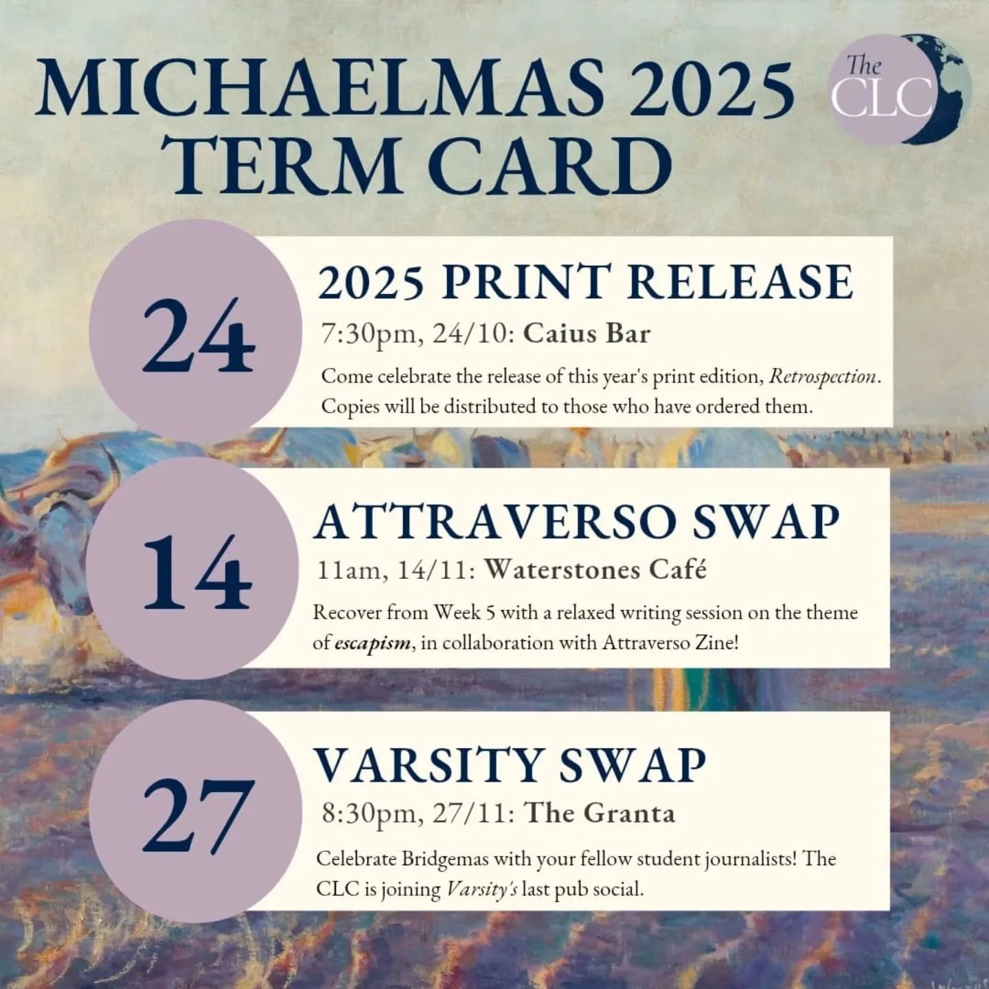 Our events this term, beginning with a print edition launch party at Caius Bar next Friday (24/10). Don't miss it!