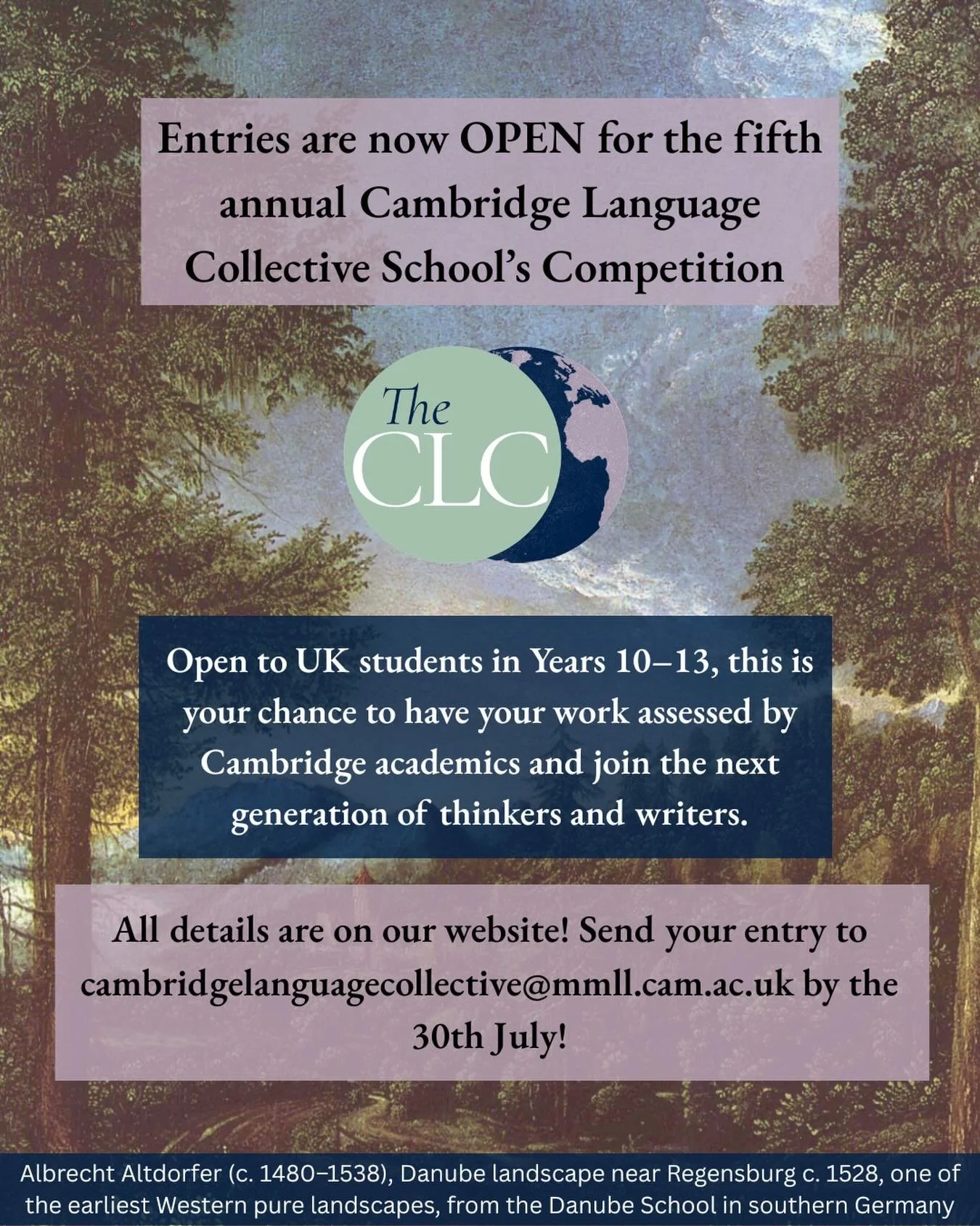 Important Information, please read before submitting! 🚨

All details on our webpage here: https://www.thecambridgelanguagecollective.com/schools-essay-2026 

◾️All entries must be submitted as a Word document and include the student&rsquo;s name, ag