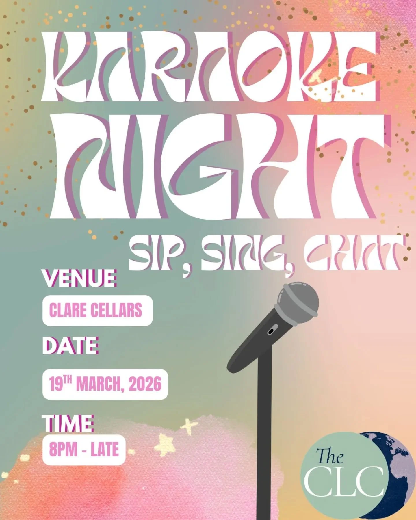 🚨 Event announcement: Karaoke Night at Clare Cellars 🚨

Come along at 8pm on 19 March for a night of of singing, dancing, and meeting new people

Maybe you'll even be brave enough to have a stab at a song in another language? 👀

See you there!