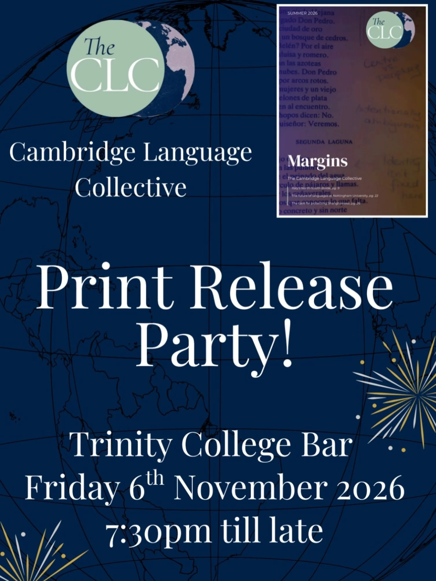 I love good news, LOVE good news.. I just love good news!

It&rsquo;s time for our Print Release Party! Come to the Trinity College Bar Friday 6th, and enjoy a CLC themed cocktail to celebrate the release of this year&rsquo;s print, &lsquo;Margins&rs