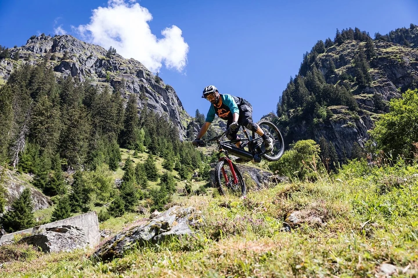 Jon Wilson from Verbier Gravity doing a nose press on his e-bike on 25th July 2020