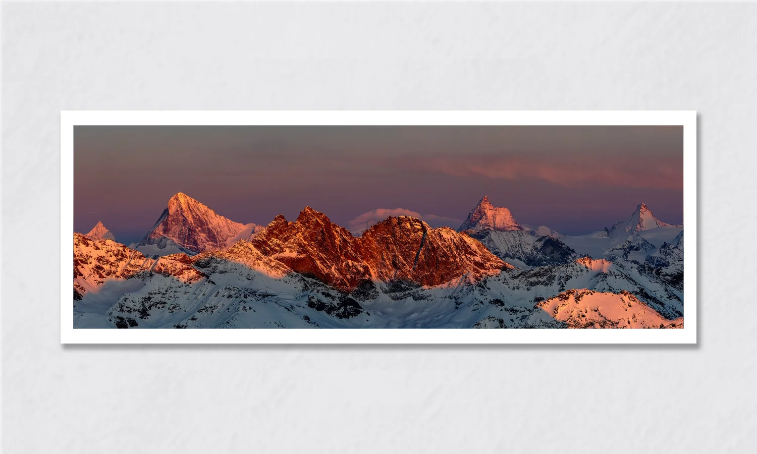 The Crown of Valais — Dent Blanche, Matterhorn, d’Hérens shown at 120 x 40cm (Panoramic) in a living room