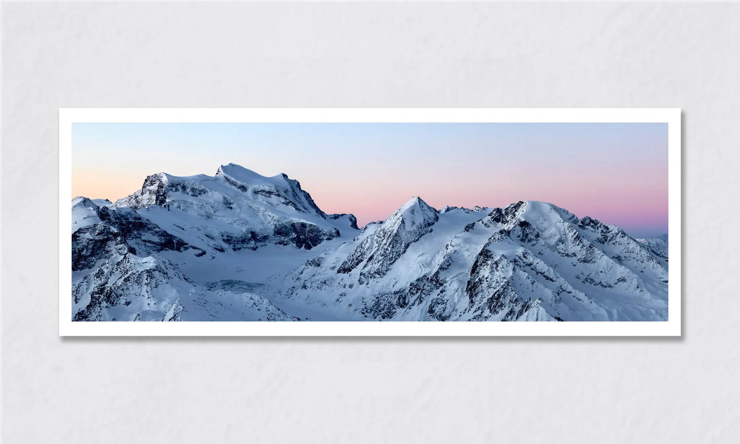 Grand Combin - Winter Sunrise shown at 120 x 40cm (Panoramic) in a living room