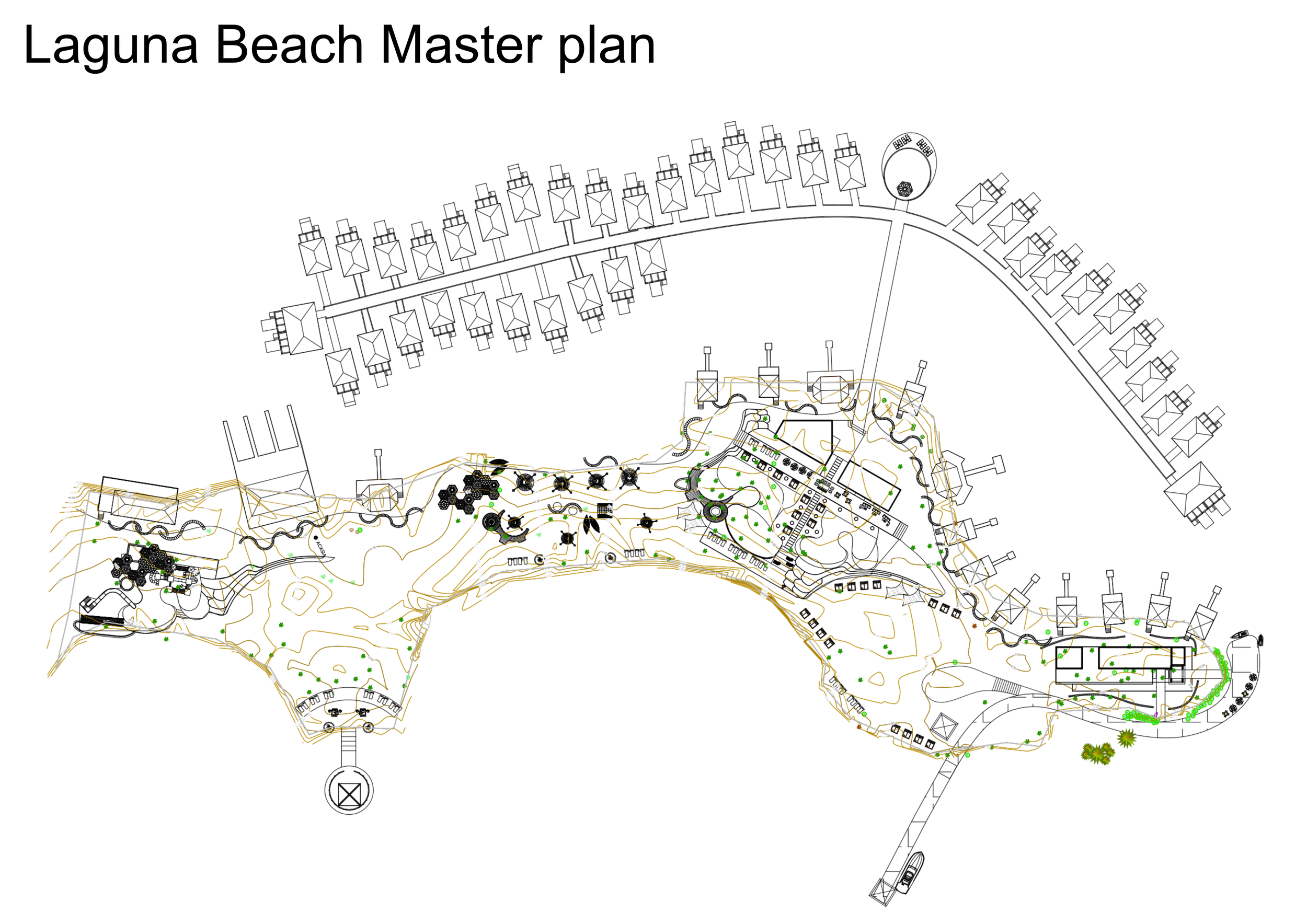 Master plan of Laguna Beach featuring pathways, structures, greenery, and landscape details.