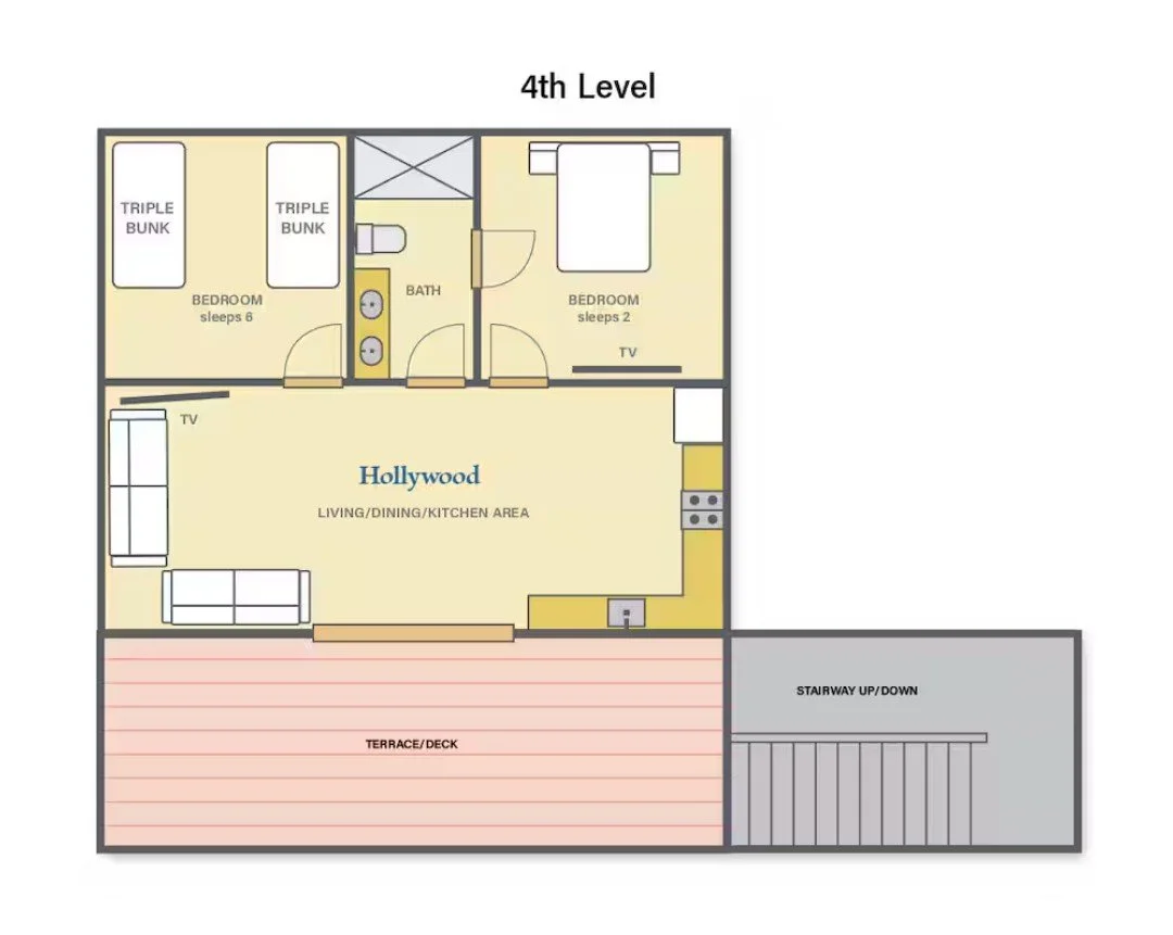Pink Palace Utila 4th-level floor plan for the Hollywood unit, showing two bedrooms, a bathroom, living/dining/kitchen area, terrace deck, and stairway.